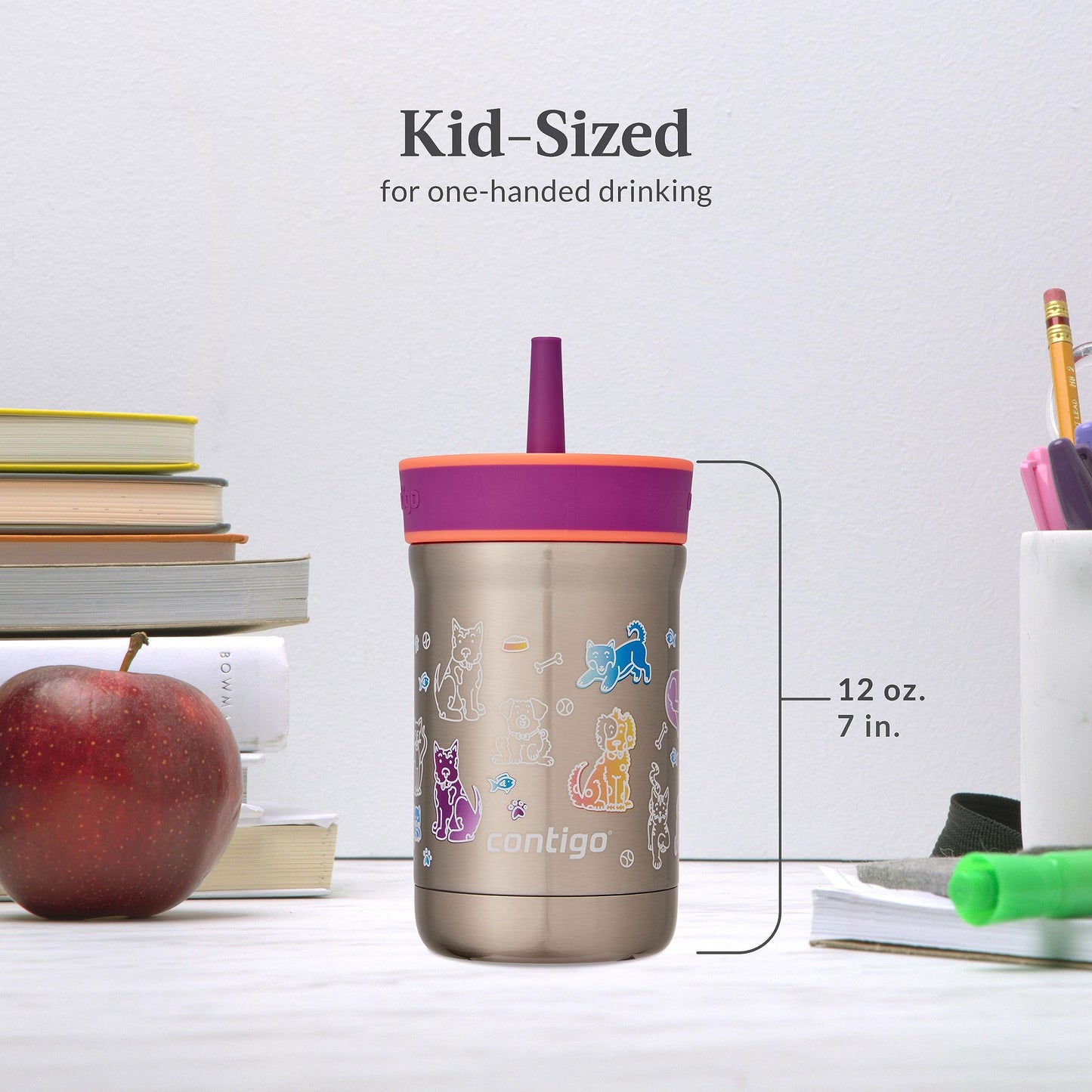 Contigo Leighton Vaccum-Insulated Kids Water Bottle with Spill-Proof Lid and Straw, 12oz Stainless Steel Water Bottle with Straw for Kids, Keeps Drinks Cold up to 13 Hours, Coral/Grape