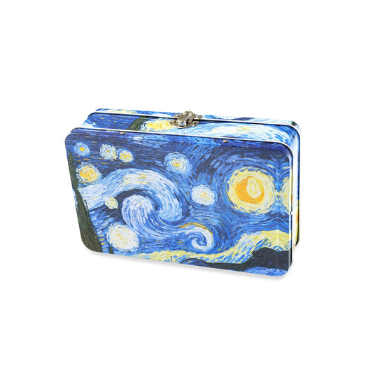 DAHO Caja de almacenamiento de metal con bisagra para oficina, escuela, hogar, maquillaje, artes y manualidades y accesorios (noche estrellada)