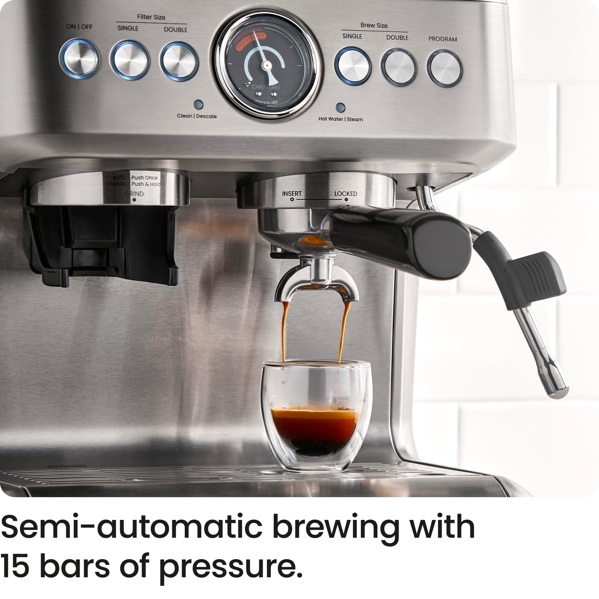 Chefman Crema Supreme - Máquina de café expreso de 15 barras con espumador de leche, barra de vapor Barista, cafetera profesional con molinillo de café, 30 ajustes de molienda, tanque de agua