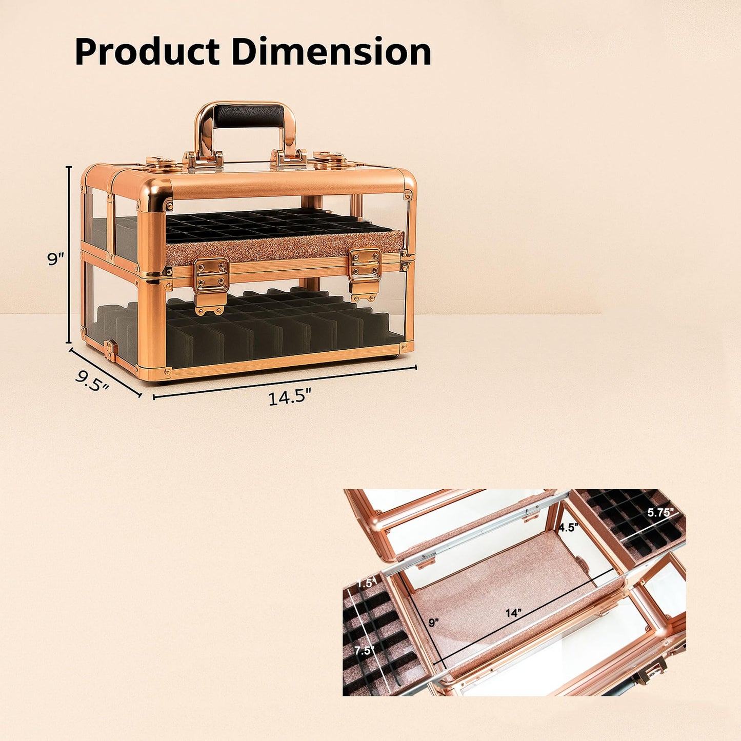 Ver Beauty Rose gold acrylic armored easy slide tray professional cosmetic makeup nail case with foundation holder - vp014, Rose Gold Acrylic