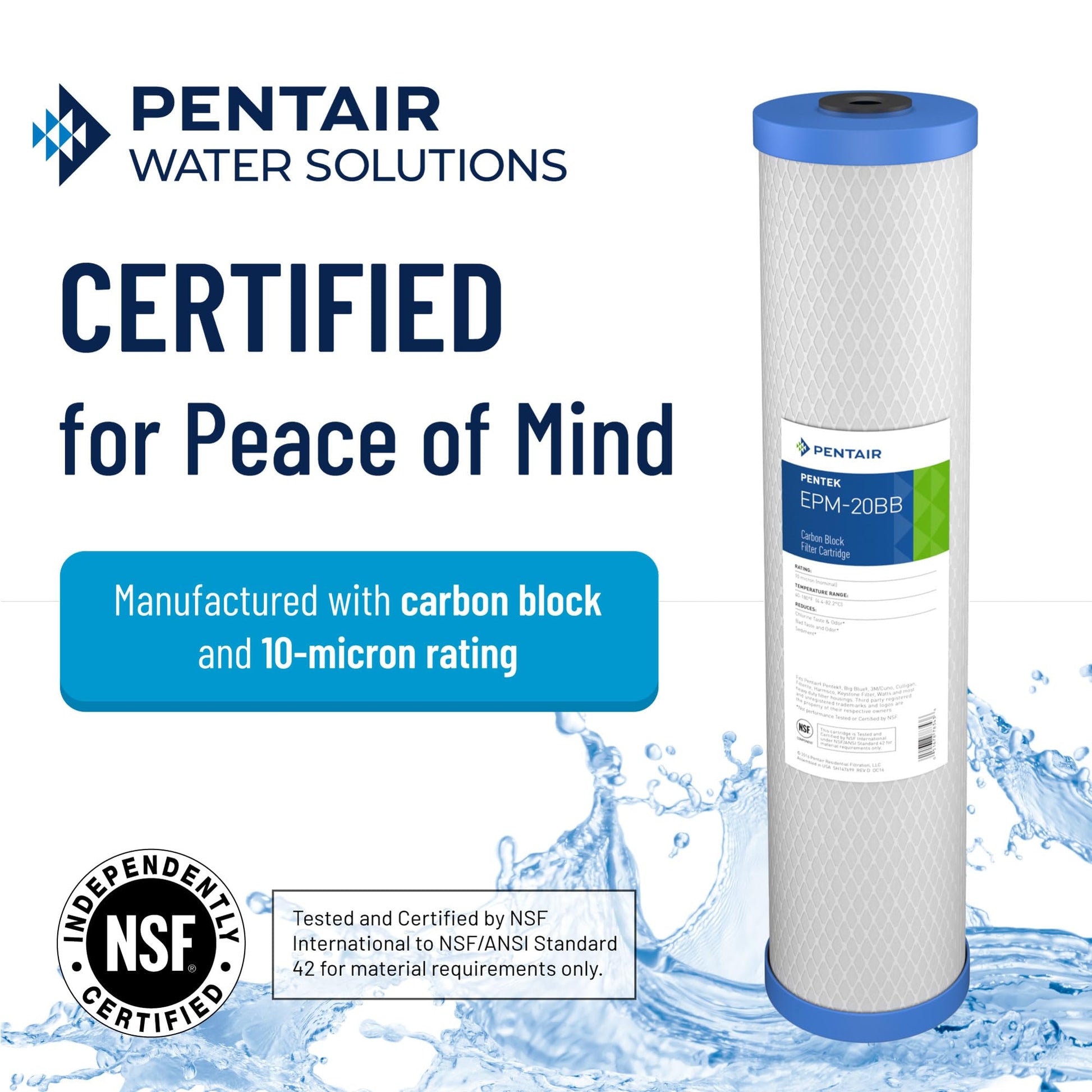 Filtro de Agua Pentair Pentek Azul Grande 20 Pulgadas Bloque de Carbono Epsilon Modificado para Toda la Casa 10 Micras