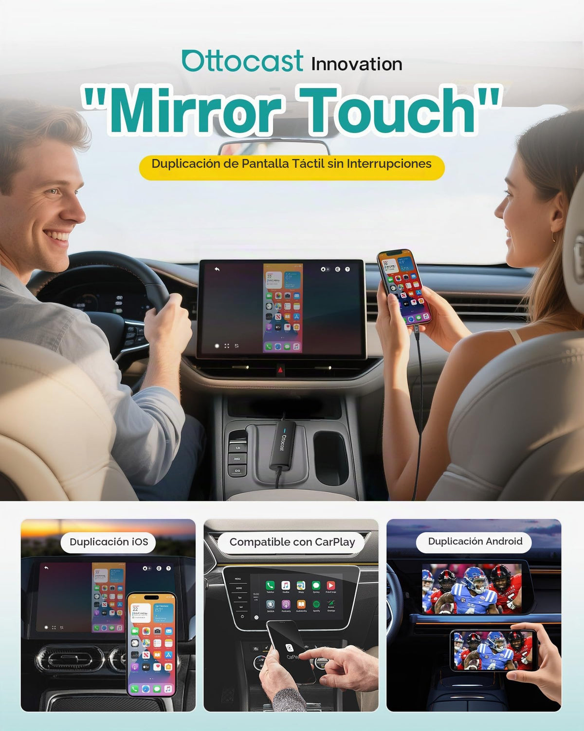 Adaptador CarPlay Inalámbrico Ottocast Mirror Touch Blanco con Modo Dual para Coches de Fábrica 2016+
