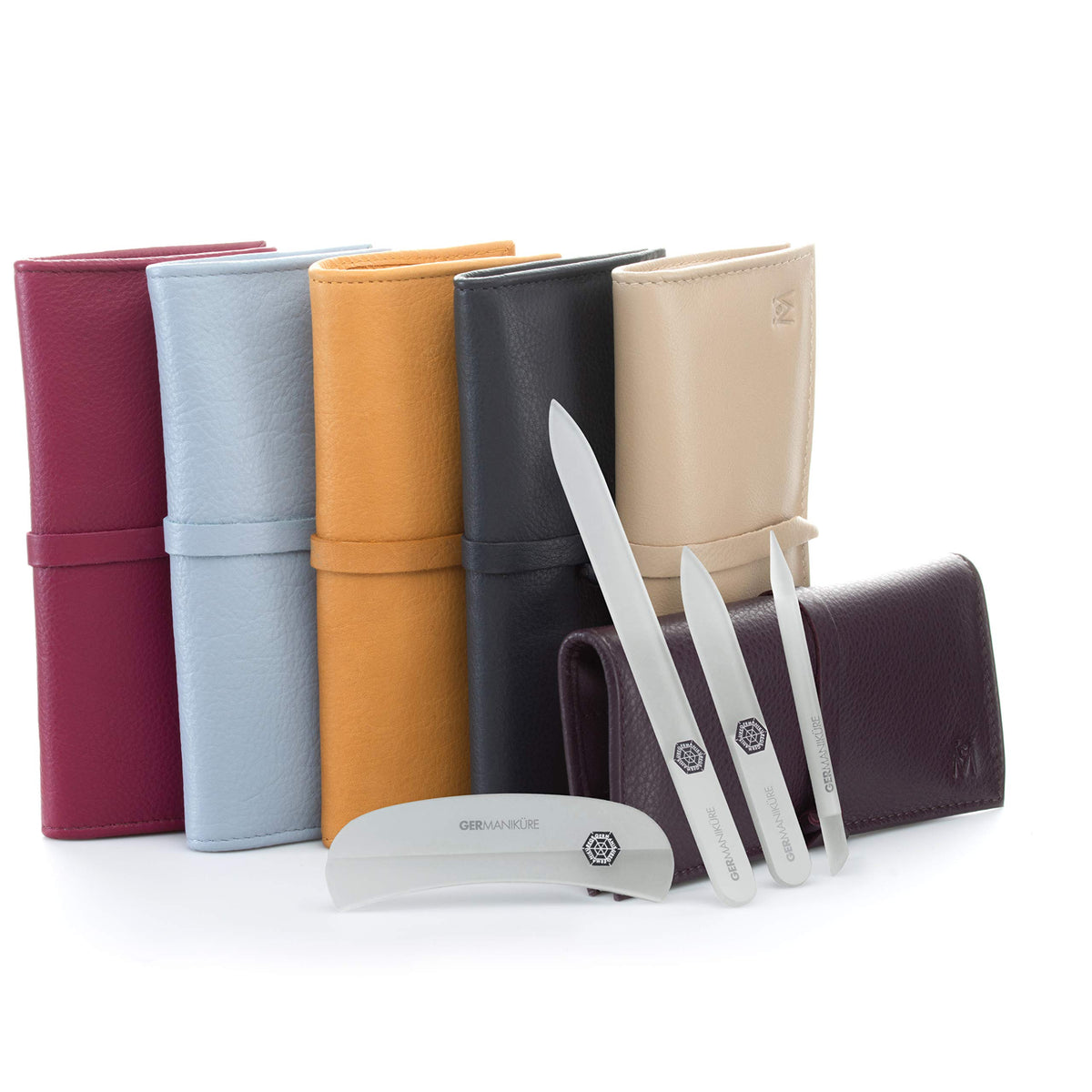 GERmanikure Set de Limas de Uñas de Cristal Negro en Estuche de Piel Negra – Hecho A Mano en La República Checa – Artículos Profesionales para Manicura Y Pedicura – Incluye Palito de Cutículas, Empuja