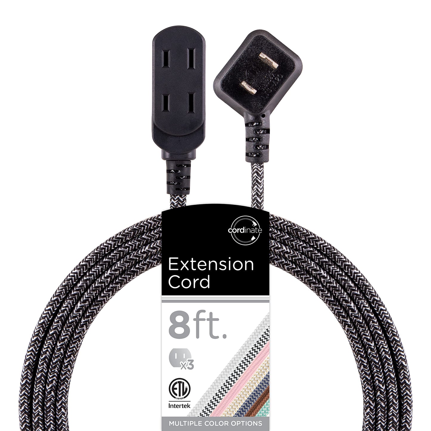 Cordinate Designer, Extension Electrica de 3 salidas polarizadas, Cable Trenzado de 2.4 m (8 pies), Sistema de Seguridad para Trabar, Enchufe Plano, Certificacion ETL, Negro/Gris, 1 paquete, 42841-T1