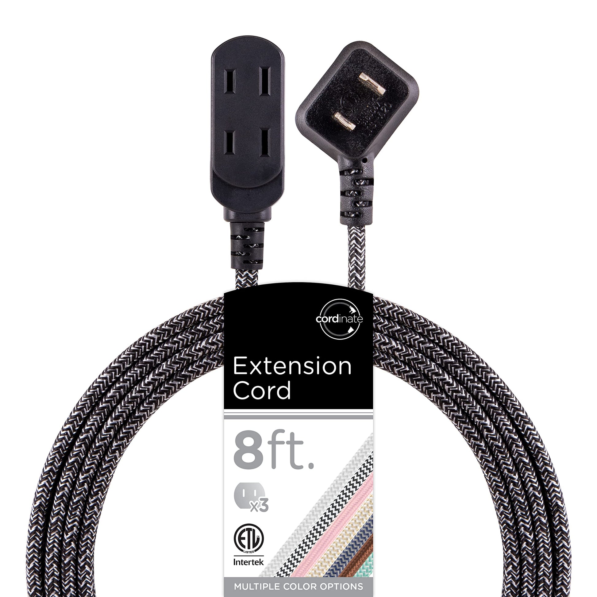 Cordinate Designer, Extension Electrica de 3 salidas polarizadas, Cable Trenzado de 2.4 m (8 pies), Sistema de Seguridad para Trabar, Enchufe Plano, Certificacion ETL, Negro/Gris, 1 paquete, 42841-T1