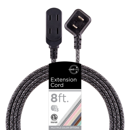 Cordinate Designer, Extension Electrica de 3 salidas polarizadas, Cable Trenzado de 2.4 m (8 pies), Sistema de Seguridad para Trabar, Enchufe Plano, Certificacion ETL, Negro/Gris, 1 paquete, 42841-T1