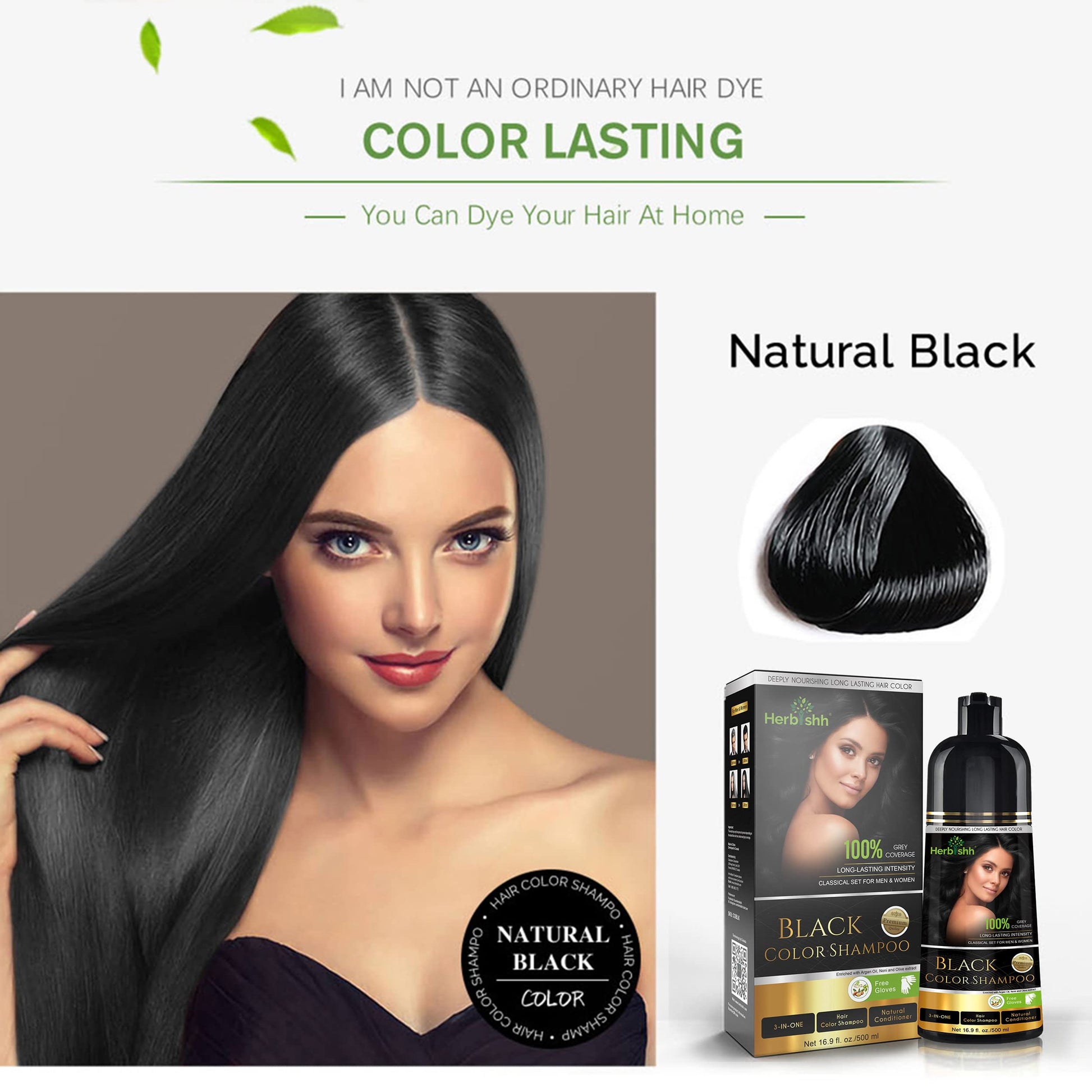 Herbishh - Champú colorante para cabello gris, champú con tinte natural para el cabello, colorea el cabello en minutos, dura hasta 3 o 4 semanas, 500 ml, tinte de cabello 3 en 1, sin amoniaco | (negro)