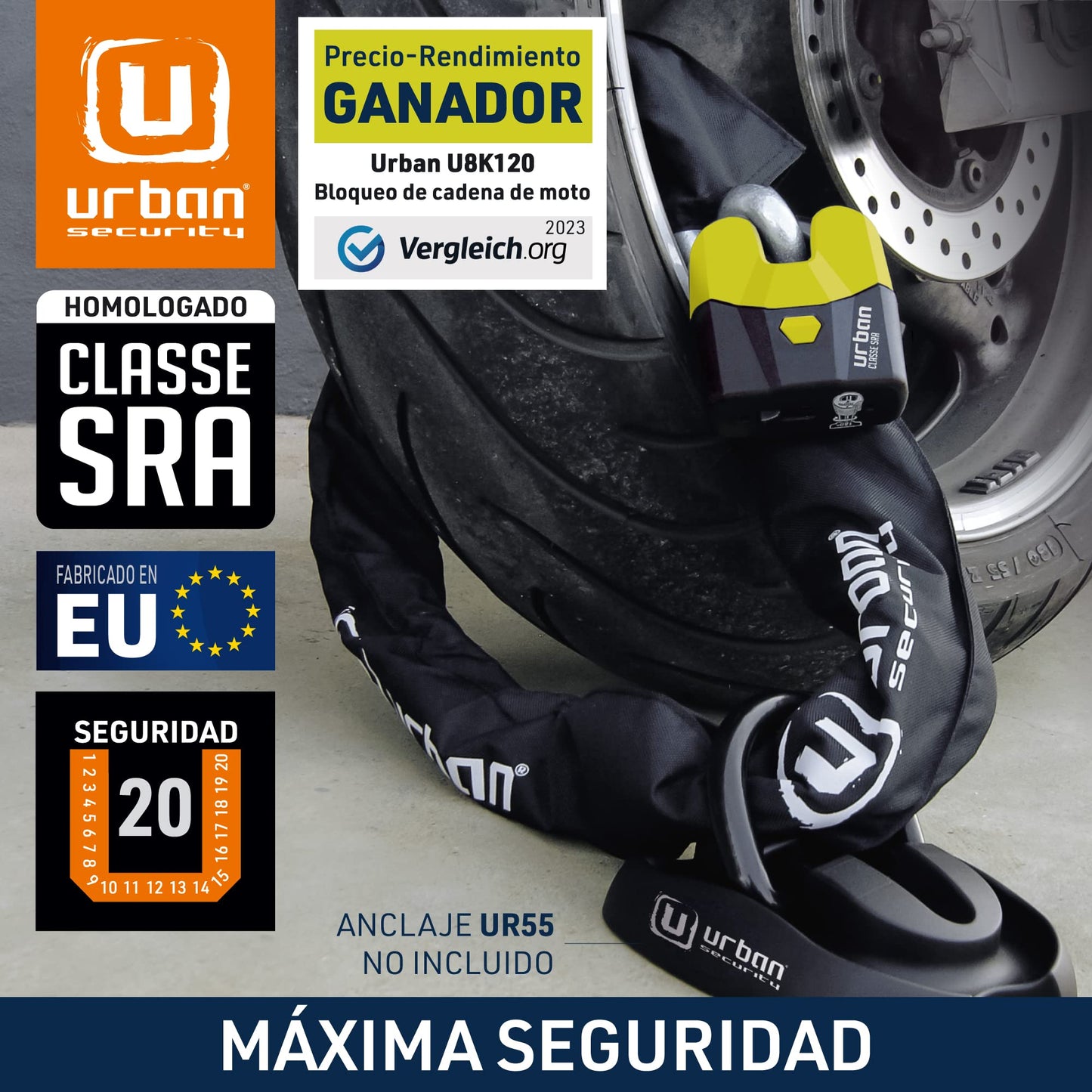 Urban Security U8K120 Candado para Moto Cadena de Seguridad para Moto Candado Moto Cadena para Moto, Cadena y Candado para Motocicleta Homologado Alta Seguridad, Candado Motocicleta Cadena Moto 120cm