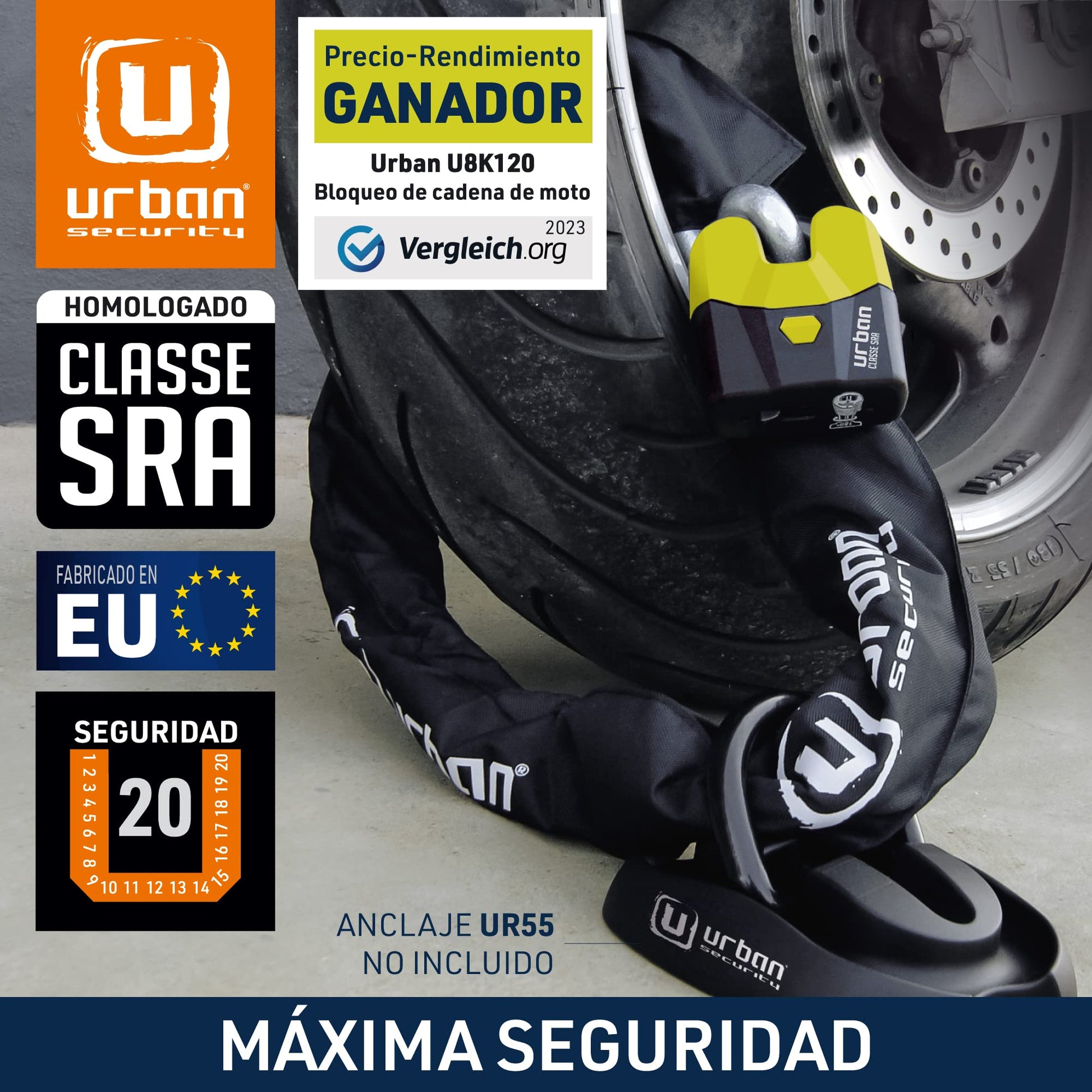 Urban Security U8K120 Candado para Moto Cadena de Seguridad para Moto Candado Moto Cadena para Moto, Cadena y Candado para Motocicleta Homologado Alta Seguridad, Candado Motocicleta Cadena Moto 120cm