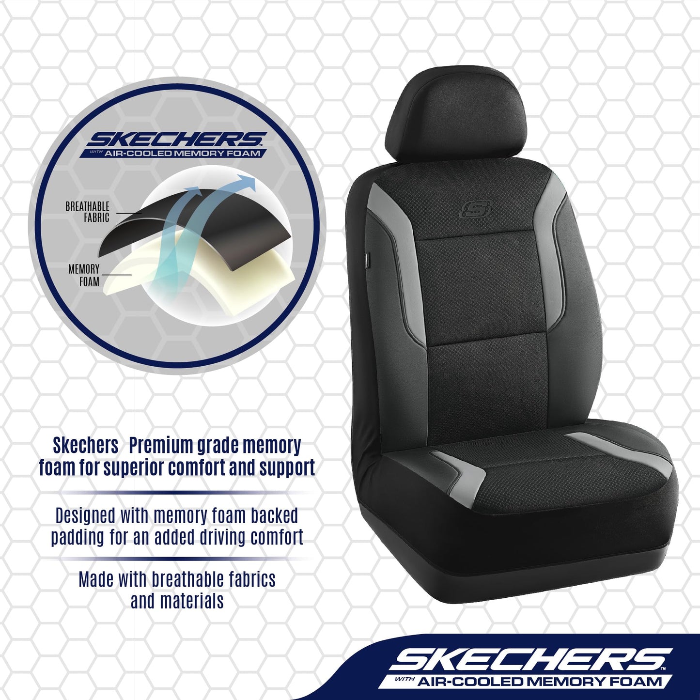 Skechers Memory Foam™ - Fundas gruesas de malla refrescante para asiento de vehículos, compatible con bolsas de aire, comodidad y protección para la mayoría de vehículos, juego completo color gris