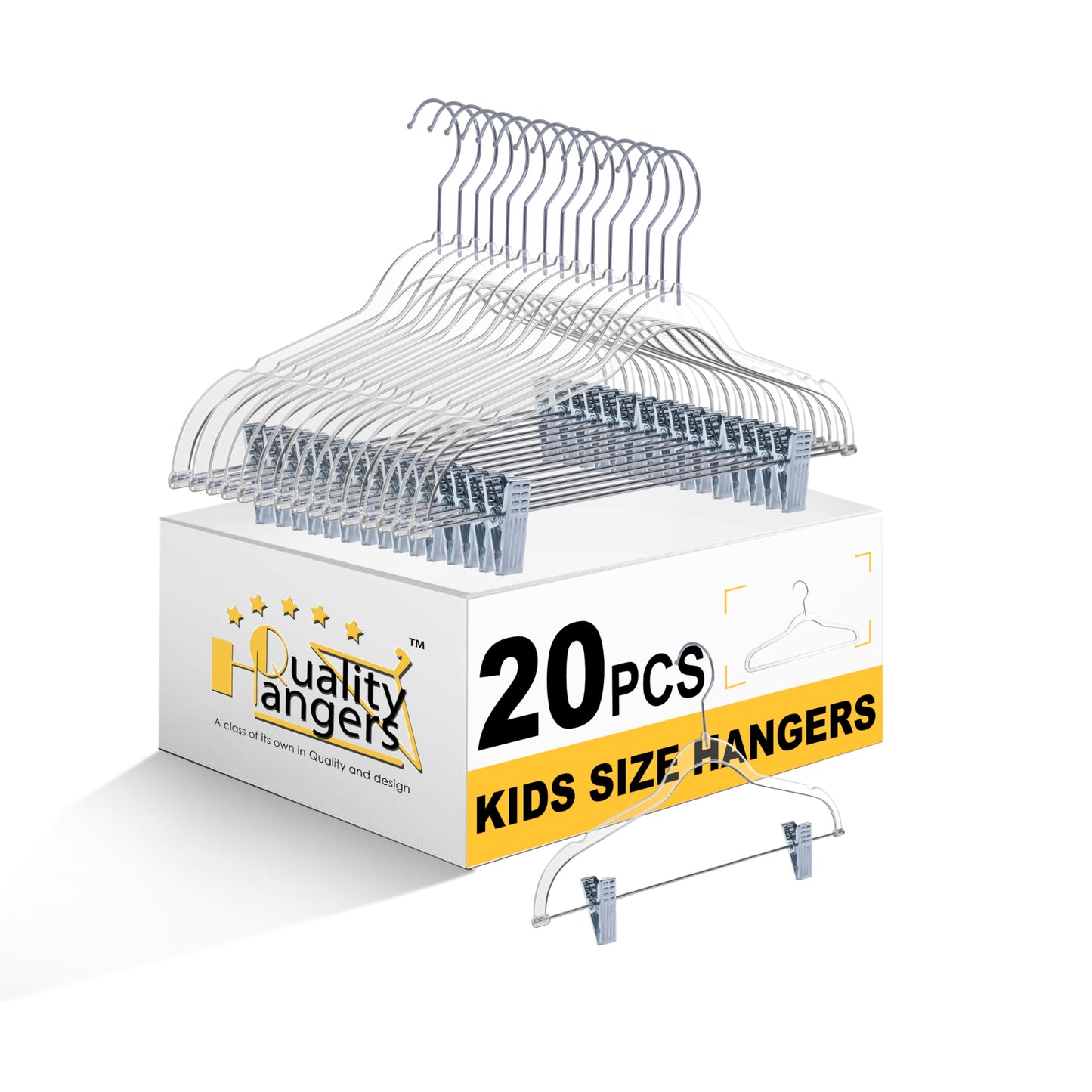 Perchas transparentes de calidad para pantalones de niños con clips, paquete de 20 | Perchas resistentes para faldas con gancho giratorio y muescas | Perchas con clips ahorradoras de espacio para