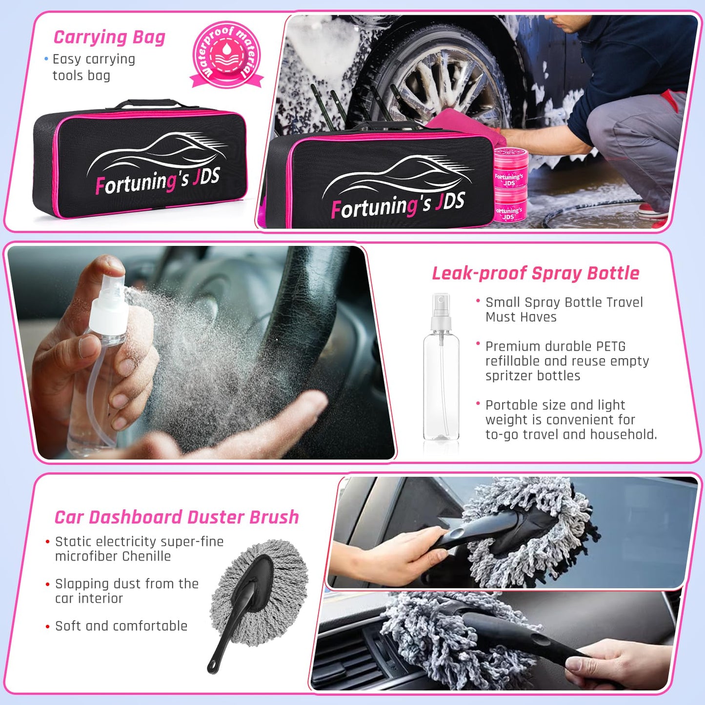 Kit de 35 piezas para limpieza de interiores de coche con aspiradora de mano de alta potencia, kit de lavado con cepillos, accesorios color rosa para motocicletas, regalos para mujeres