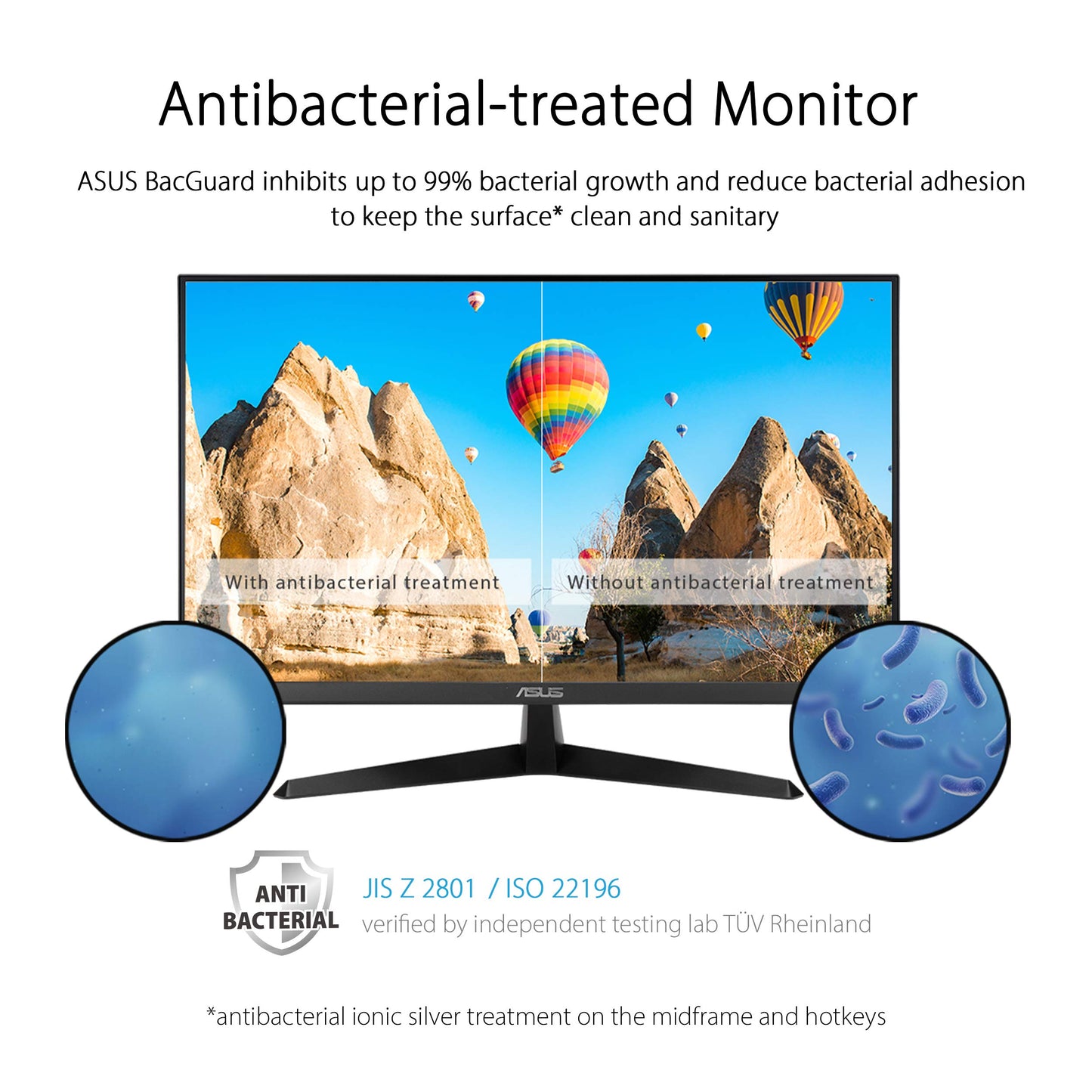 Asus Monitor Eye Care Plus 27" VY279HE, FHD, 1080p, IPS, 75Hz, 1ms, FreeSync, aumento de color, filtro de luz azul, sin parpadeo y tratamiento antibacteriano patentado