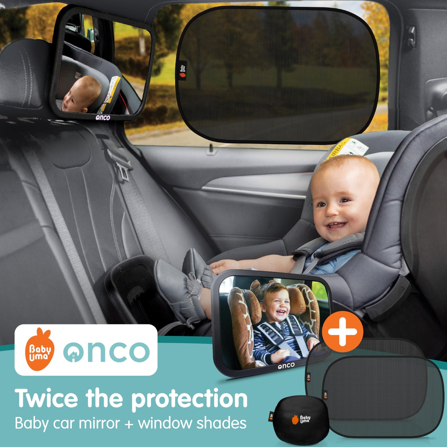 Onco Baby - Juego de cortinas para espejo de coche y ventana de coche (18.9 x 12 pulgadas), visualización UPF 50+, espejo de coche 100% a prueba de roturas para bebé, pantallas universales y espejo