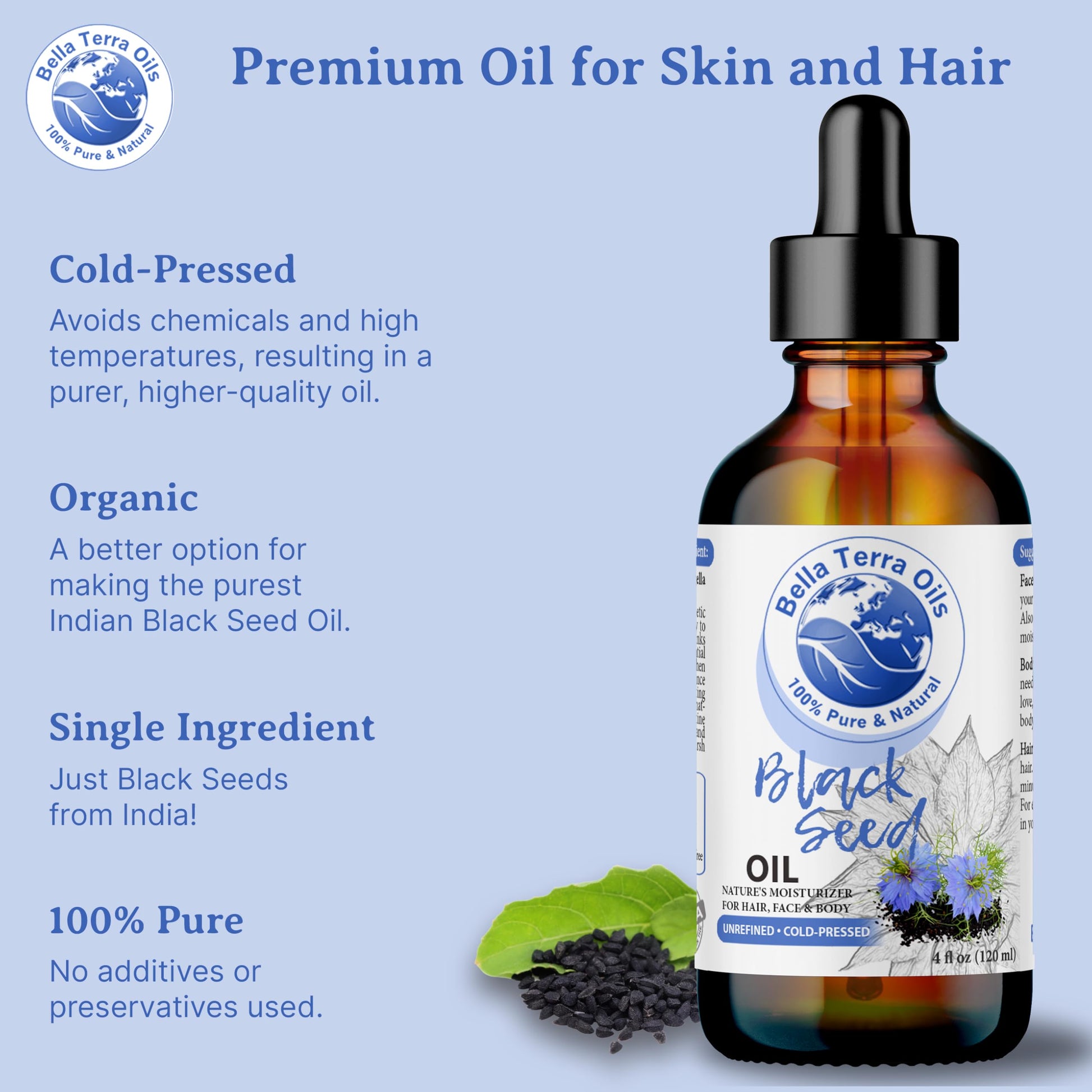 NEW Black Seed Oil. 4oz. Cold-pressed. Unrefined. Organic. 100% Pure. Nigella Sativa Black Cumin Oil. Hexane-free. Antioxidant-rich. Natural Moisturizer. For Hair, Face, Body, Nails, Stretch Marks.