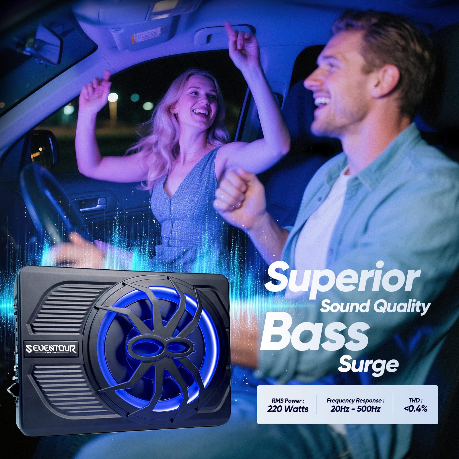 Subwoofer de 10 pulgadas de 800 W delgado alimentado por debajo del asiento, subwoofer de audio para coche/camión, amplificador integrado en combinación, con luz LED azul (subwoofer LED RGB + kit de