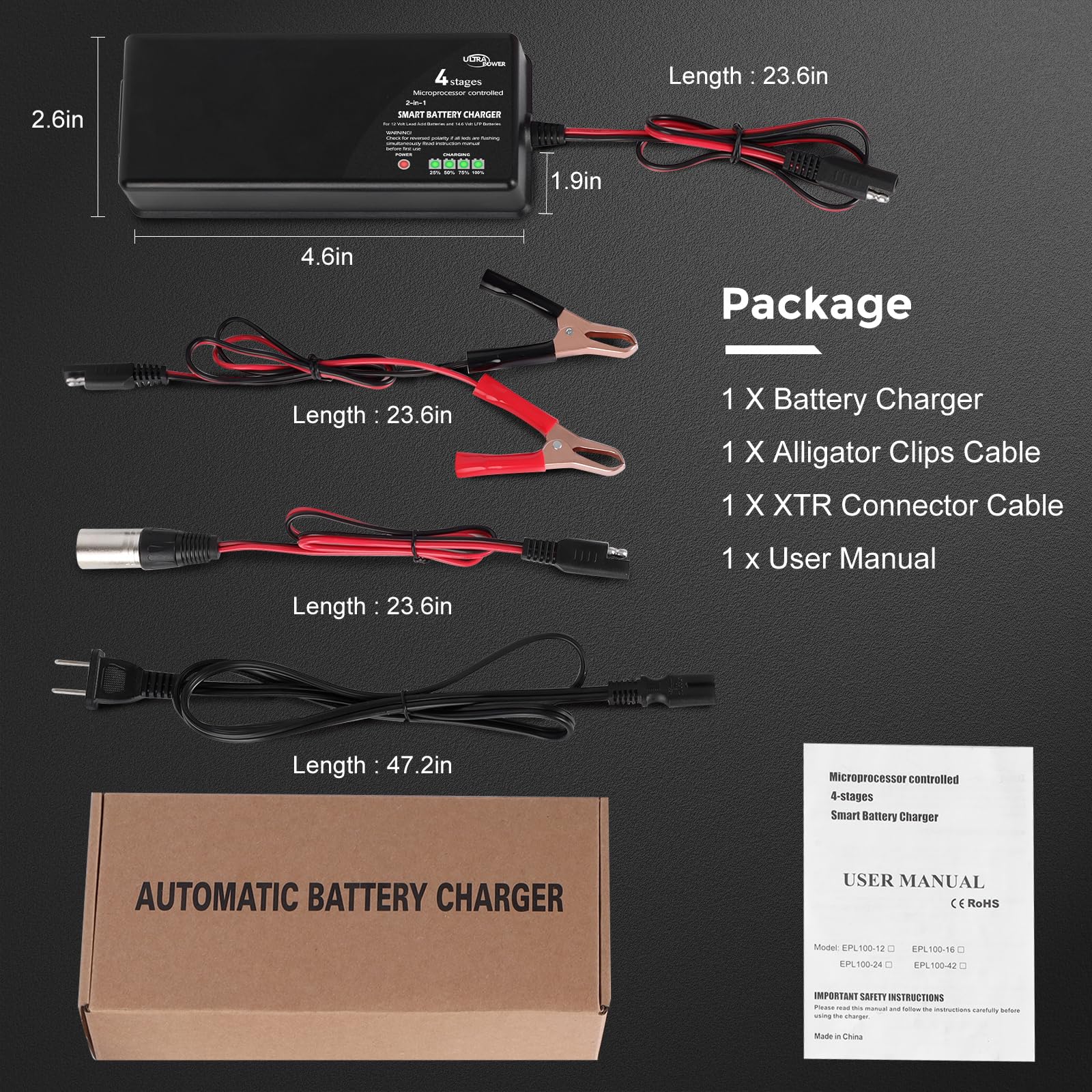 ULTRAPOWER - Cargador de batería mejorado de 10 amperios, LiFePO4 de litio de 14.6 voltios y SLA GEL de 12 voltios, cargador de batería para coche, carrito de golf, UAV, baterías de energía al aire