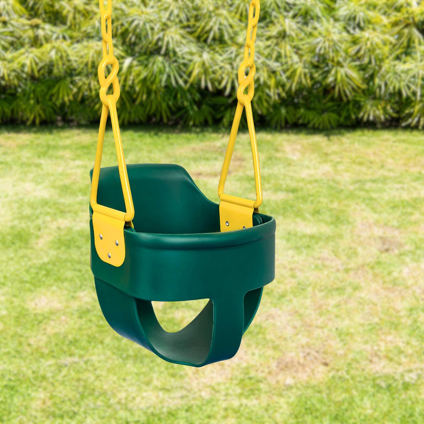 Asiento Oscilante de Alta Calidad con Respaldo Alto para Niños Pequeños Verde con Cadenas Revestidas de Plástico y Mosquetones para Fácil Instalación