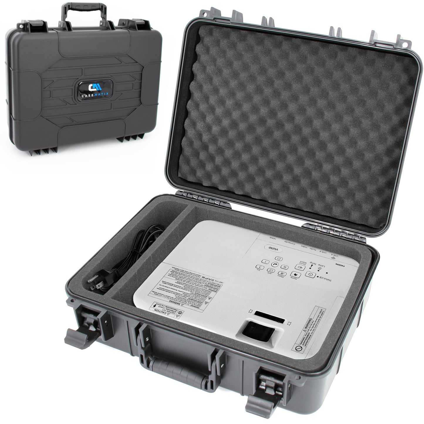 CASEMATIX Funda rígida para proyector de Viaje Compatible con Epson VS250 SVGA, VS350 XGA, VS355 WXGA con Cable HDMI y Mando a Distancia en Compartimentos de Espuma Personalizados, Solo Funda