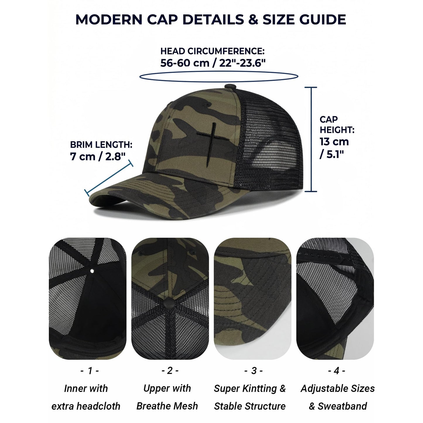 DOEO JNSPO Gorros cristianos para hombres y mujeres, gorro con cruz de 3 clavos de Jesús, regalos religiosos cristianos para cumpleaños/Navidad, gorro con bordado de cruz y estampado de camuflaje.