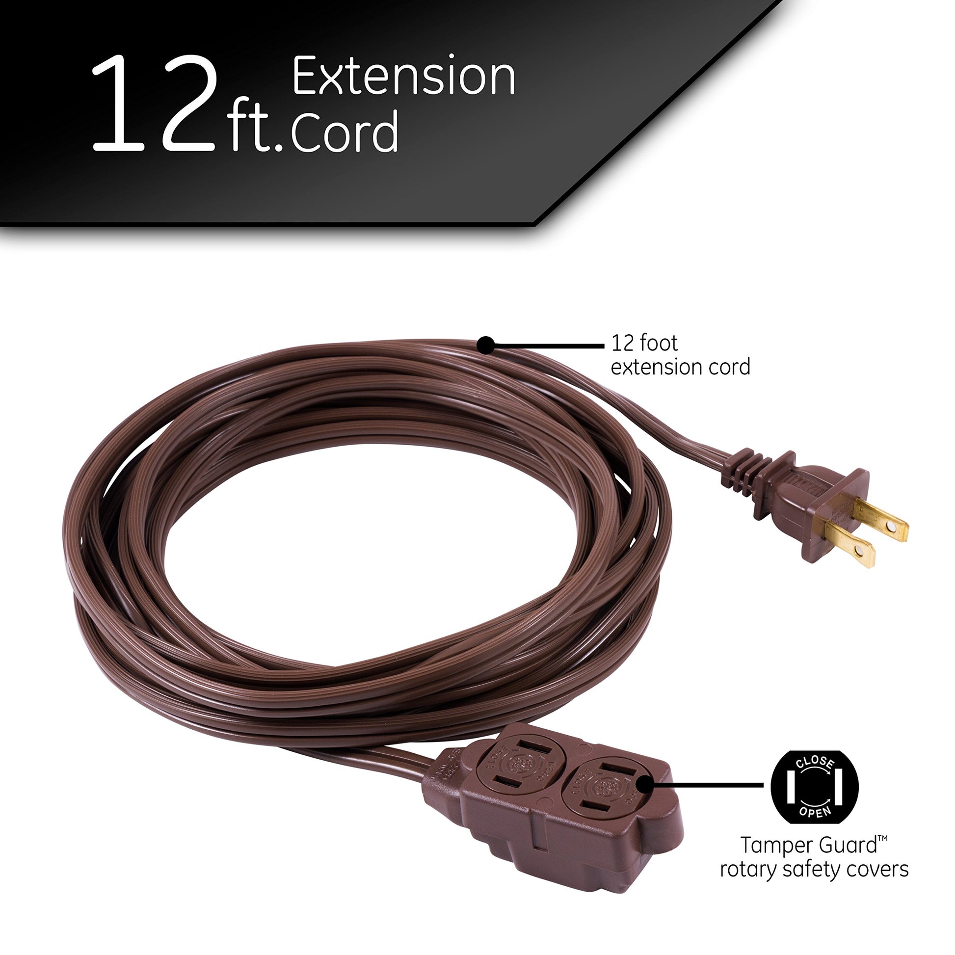 GE Designer - Extensión trenzada, 3 tiras, salidas de 2 dientes, enchufe plano, cable de alimentación sin enredos, perfecto para el hogar, la oficina o la cocina, clasificación UL, 12 ft, Marrón