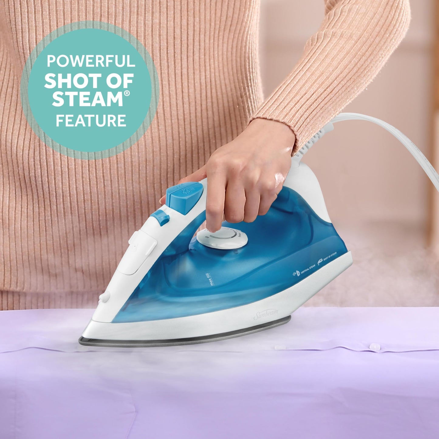 Plancha de Vapor Sunbeam Blanco Azul con Suela Antiadherente y Punta de Precisión