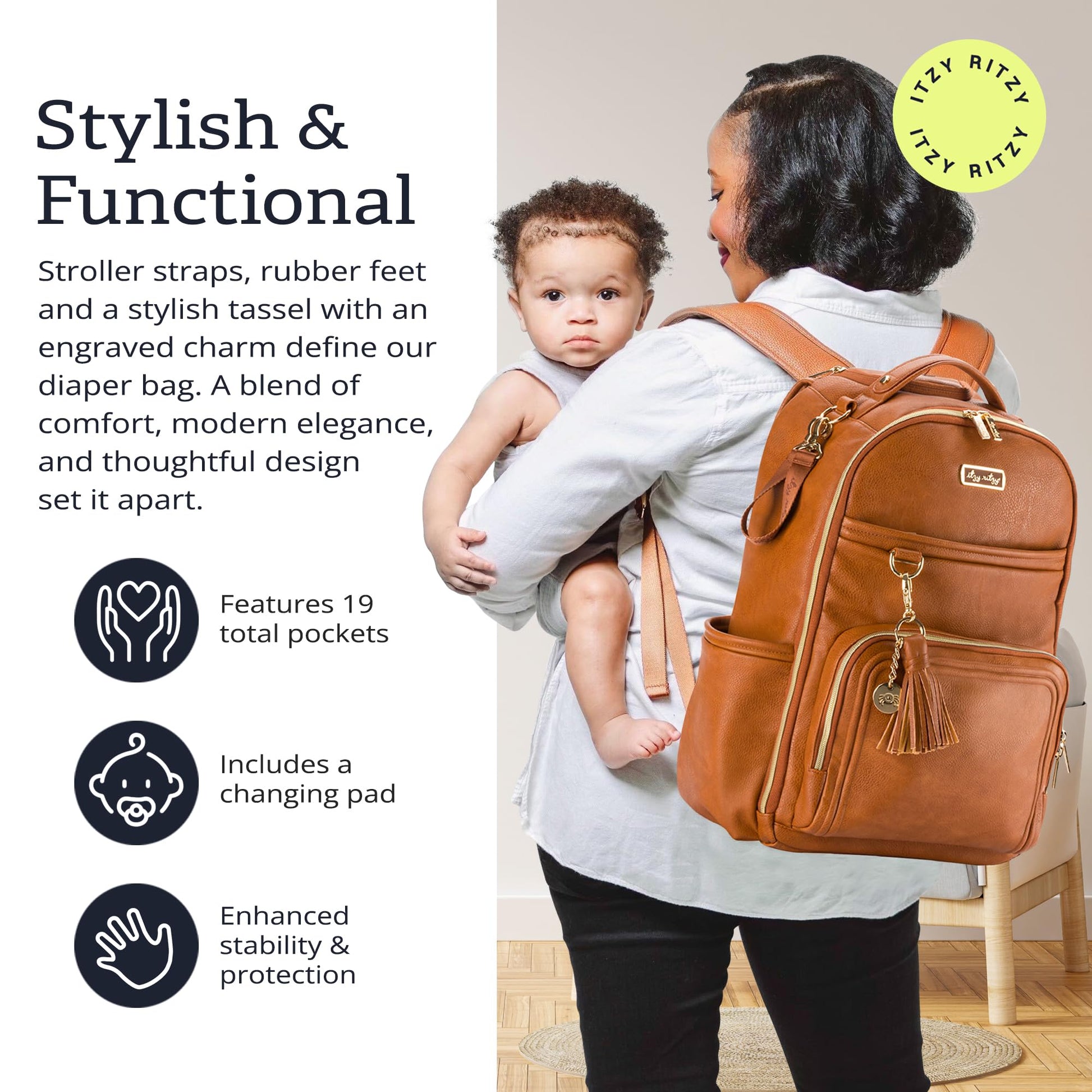 Itzy Ritzy - Mochila para pañales – Mochila de gran capacidad Boss Plus para bebé con 19 bolsillos, cambiador, clips para carriola y correas cómodas (coñac)