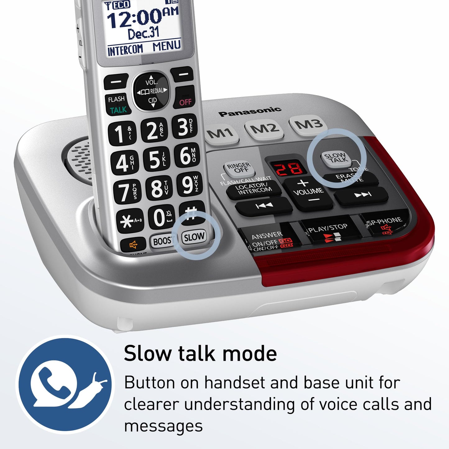 Panasonic kx-tgm450s Amplified teléfono inalámbrico con contestadora Digital, 1 Handset, Plata, Teléfono Amplificado - KX-TGM450S, Plateado