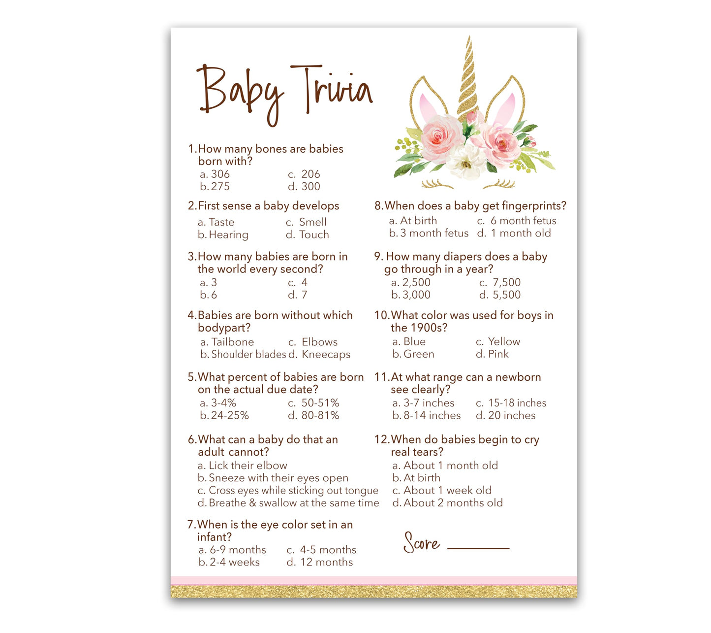 Roseum Collections UNICORN GIRL - Juego de baby shower para niña - Juego de 25 - Divertidos juegos de datos del bebé, diseño floral rosa para baby shower, actividades para baby shower con temática