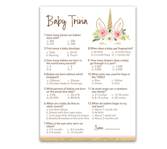 Roseum Collections UNICORN GIRL - Juego de baby shower para niña - Juego de 25 - Divertidos juegos de datos del bebé, diseño floral rosa para baby shower, actividades para baby shower con temática
