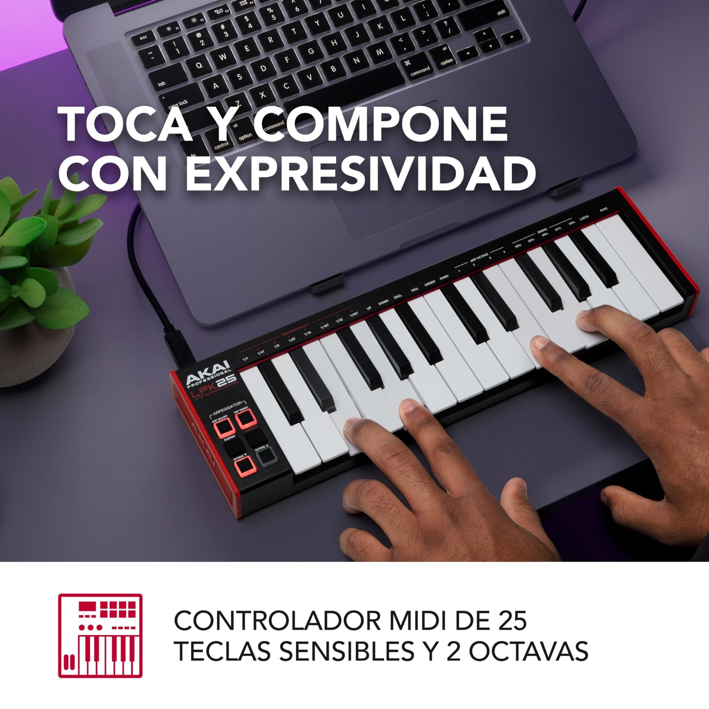 AKAI Professional LPK25 MKII - Тeclado controlador MIDI USB con 25 teclas de sinte sensibles para Mac y PC, arpegiador y software de producción musical