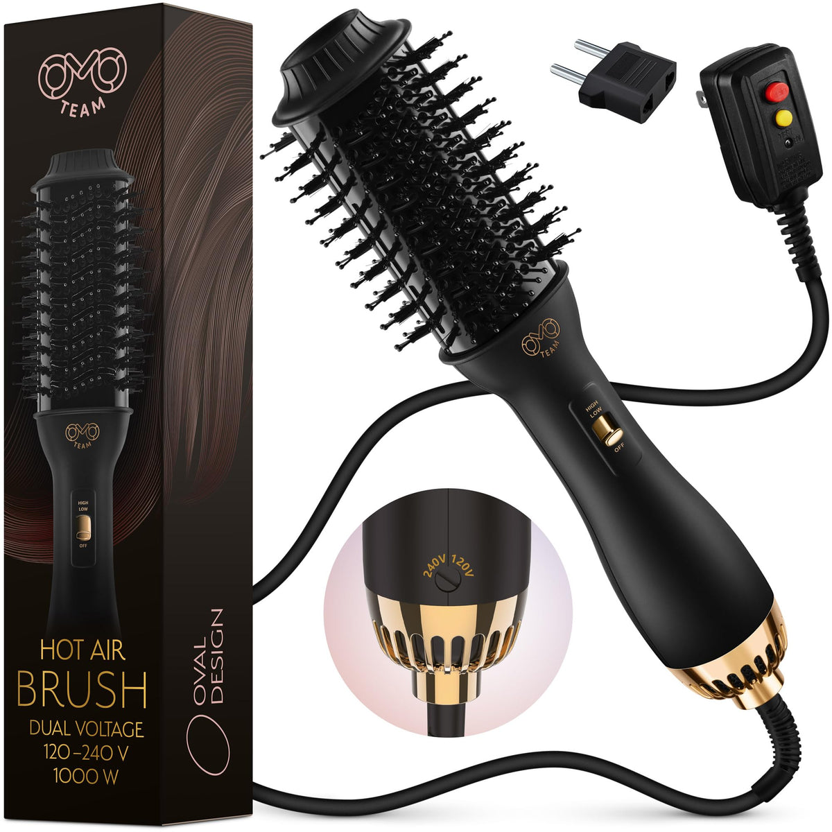 Cepillo Secador de Pelo OMOteam Negro y Dorado de Doble Voltaje para Viajes en Europa para Mujer