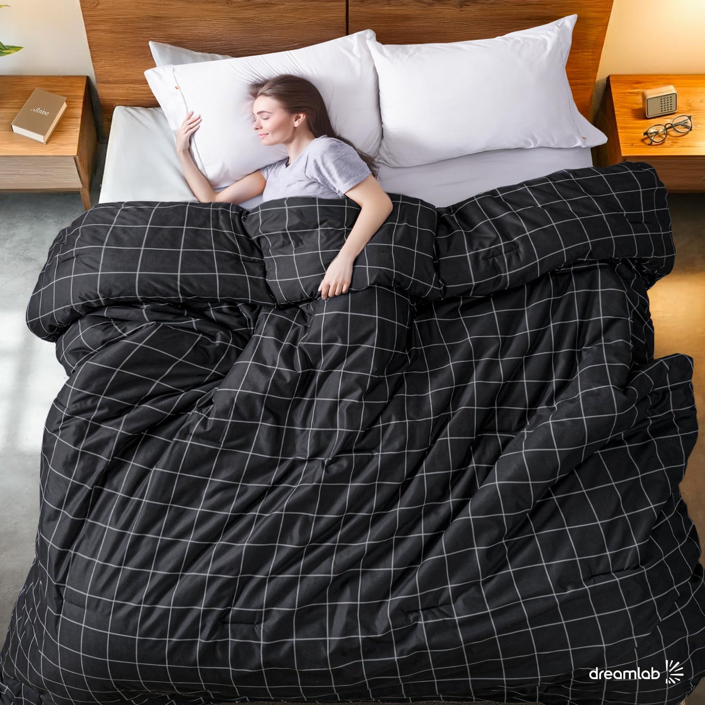 Dreamlab Edredón Acolchado para Toda Estación. Relleno de Microfibras Recubiertas con Gel. Lavado a Máquina. Usar como Edredón o con Duvet.Hipoalergénico.(Cuadros Grafito/Blanco,King Size 259x223cm)