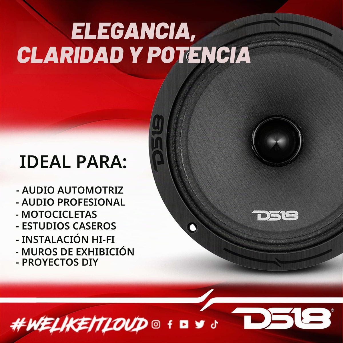 Altavoz de Audio para Coche DS18 Negro 8 Pulgadas Rango Medio 700 Vatios 4 Ohmios