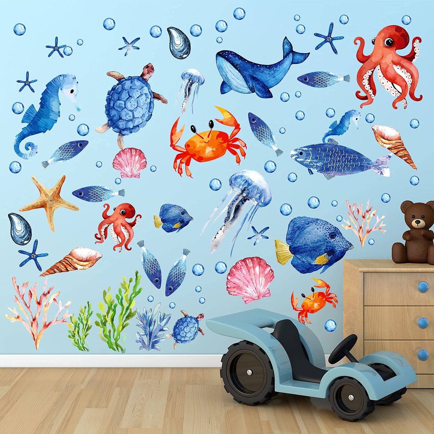 97 piezas Brillan en la oscuridad Mar pared Calcomanía Pegatinas Oceano pared Calcomanías Impermeable Retirable Brillante Pegatina por Niños Cuarto Decoración (Azul)