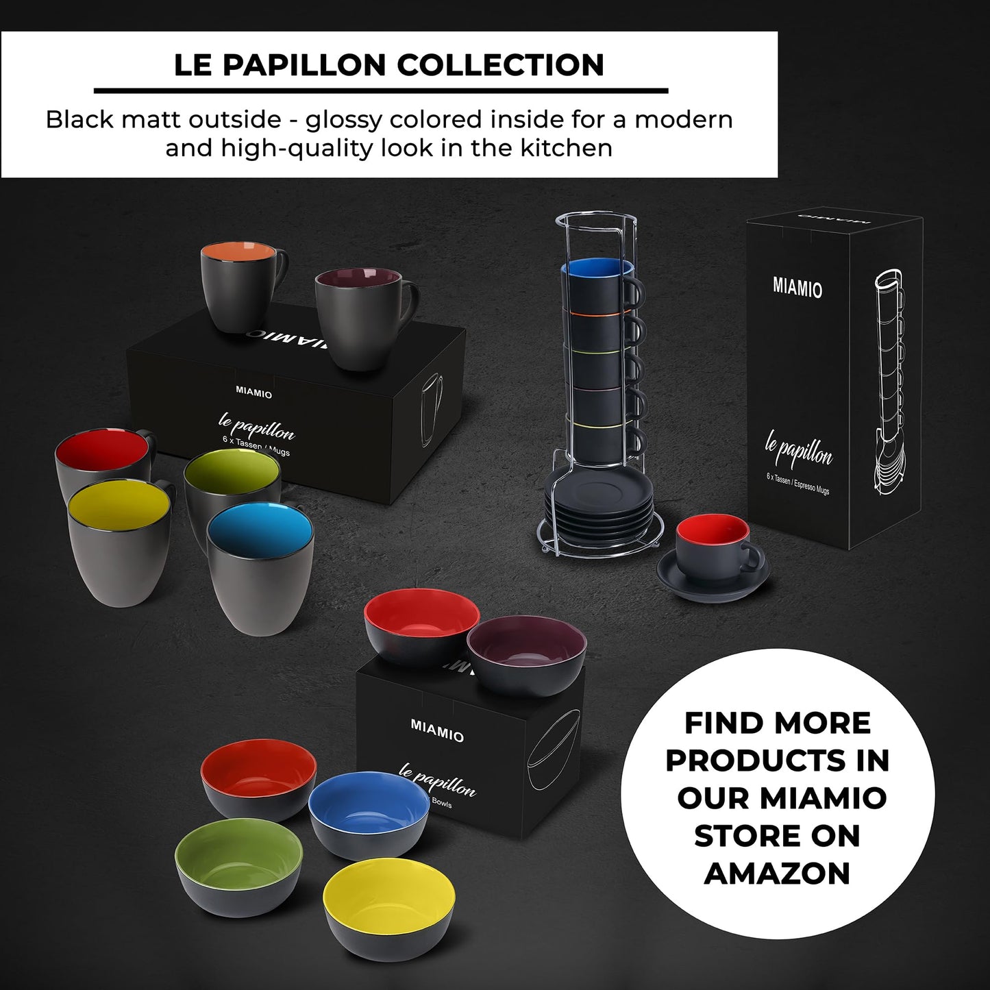 Juego de Tazas de Café Expreso MIAMIO Negro Interior Colorido 2.5 Onzas Colección Le Papillon