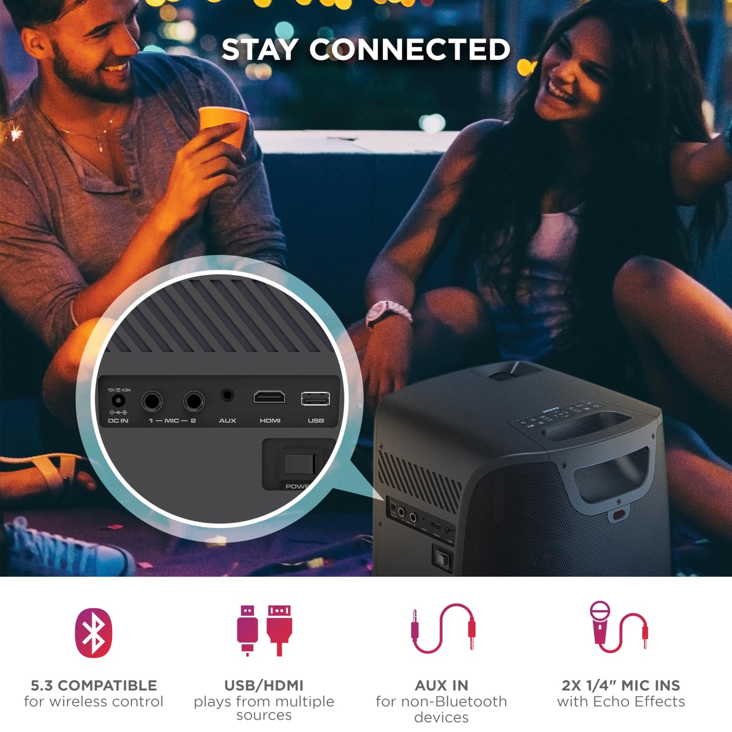 Ion Proyector LED portátil para Exteriores con Altavoces de 70 W, Bluetooth, batería Recargable, micrófono, Conexiones USB y HDMI, 720P HD