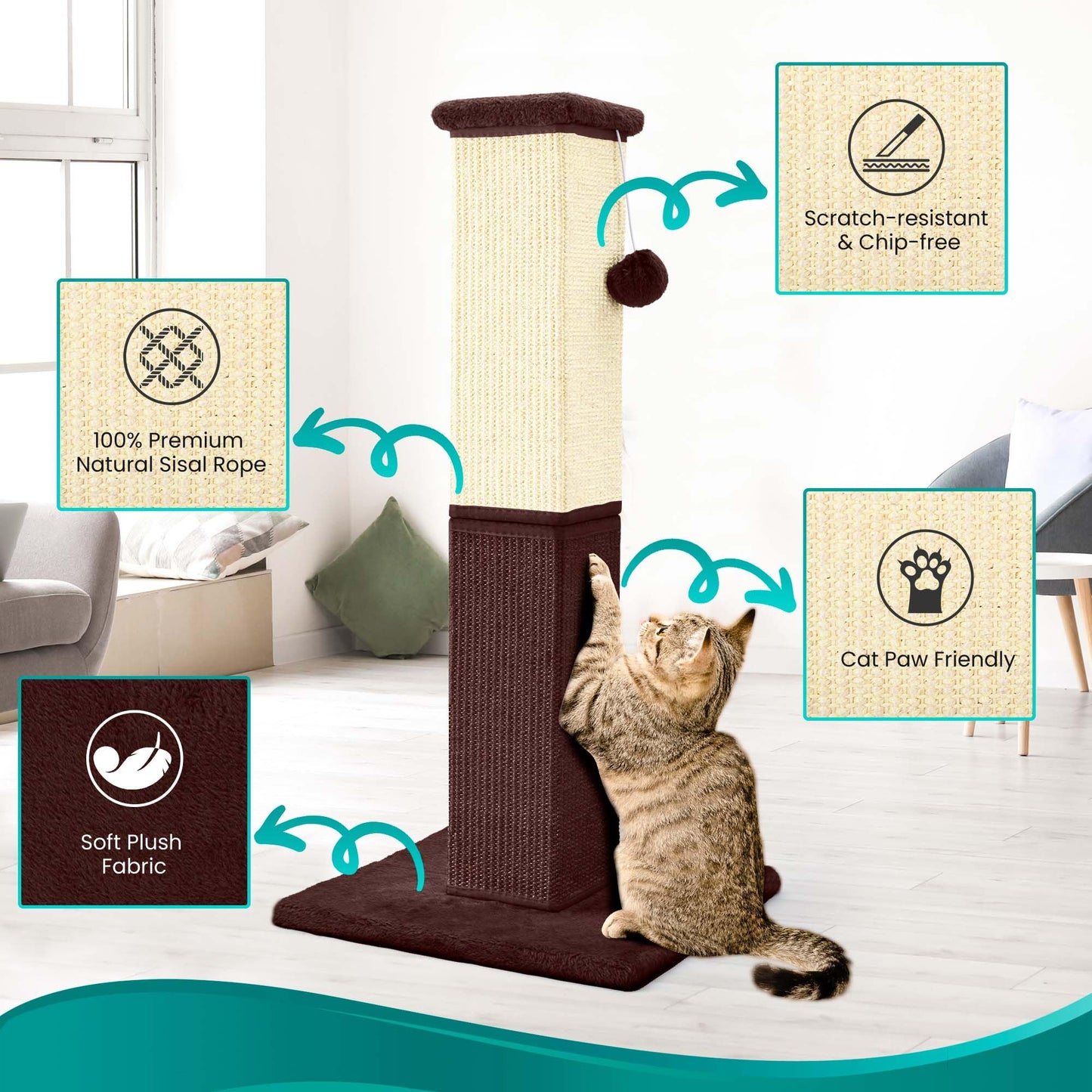 Poste Rascador YULOYI Café con Sisal Natural para Gatos Grandes y Gatitos de Interior