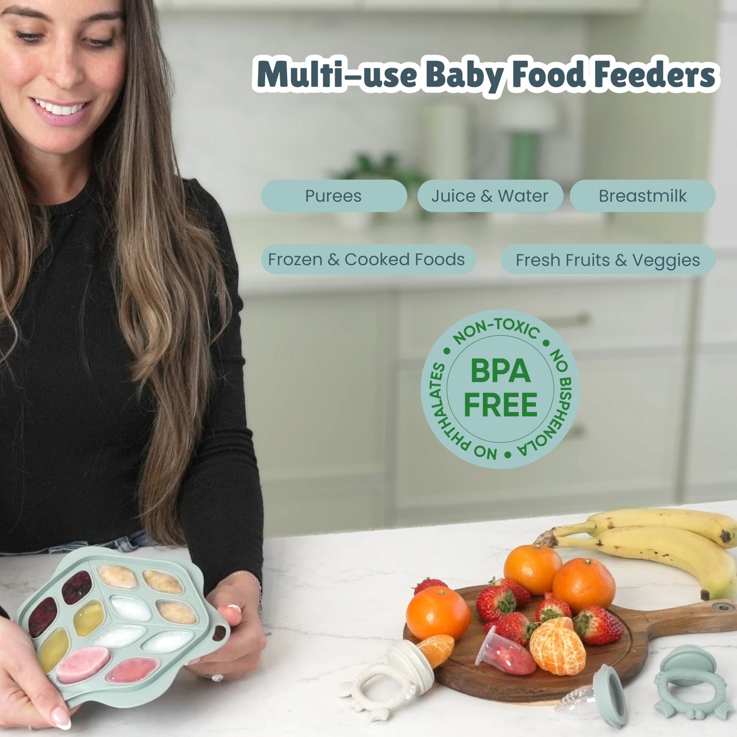 Comedero de frutas para bebé, babero y moldes de paletas de leche materna para alivio de la dentición, paquete de 3 unidades con bandeja y tapa de congelador multiporciones, babero ajustable