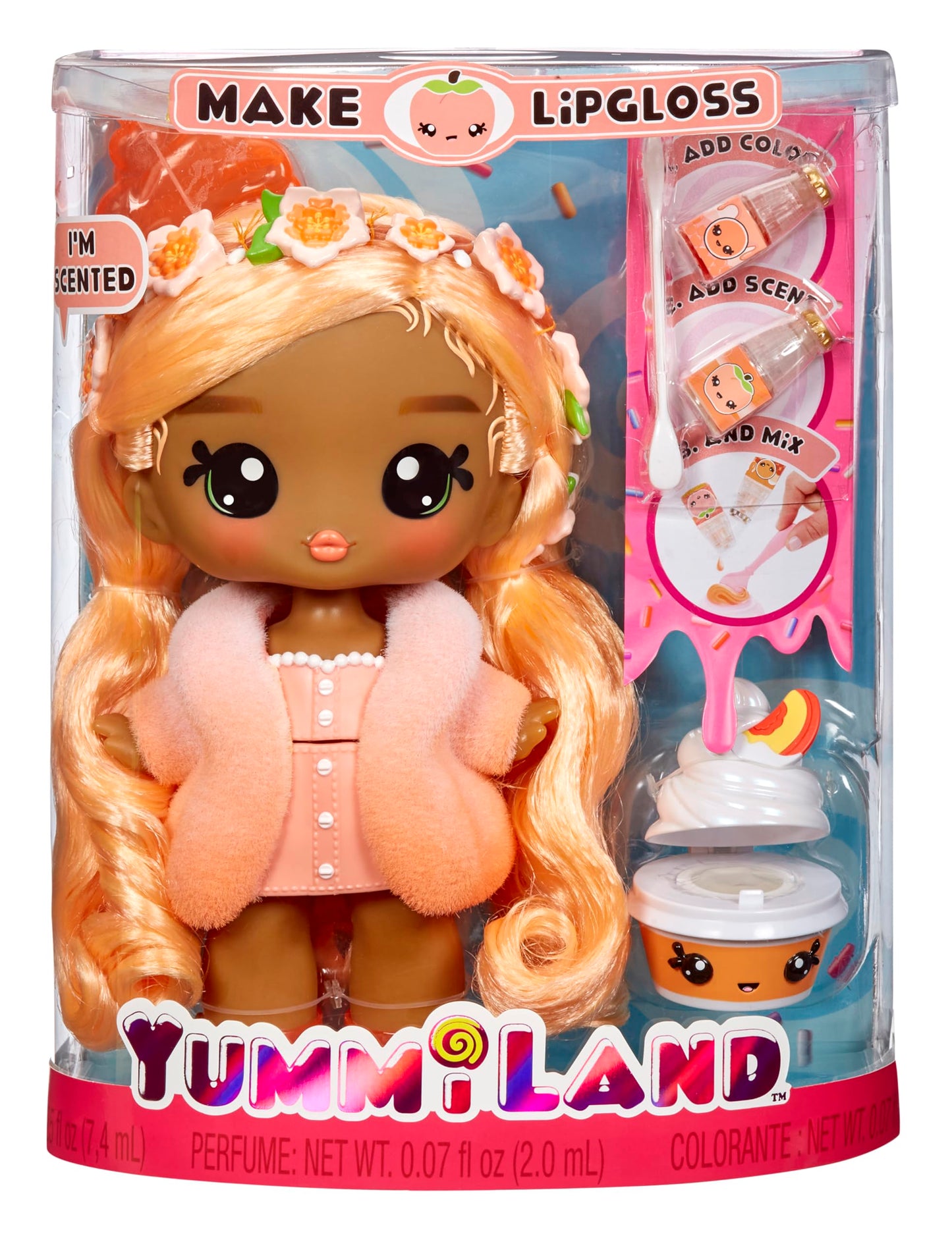 Muñeca Grande Yummiland Piper Peach Swirlyboo perfumada con Kit DIY de Brillo Labial para Niños