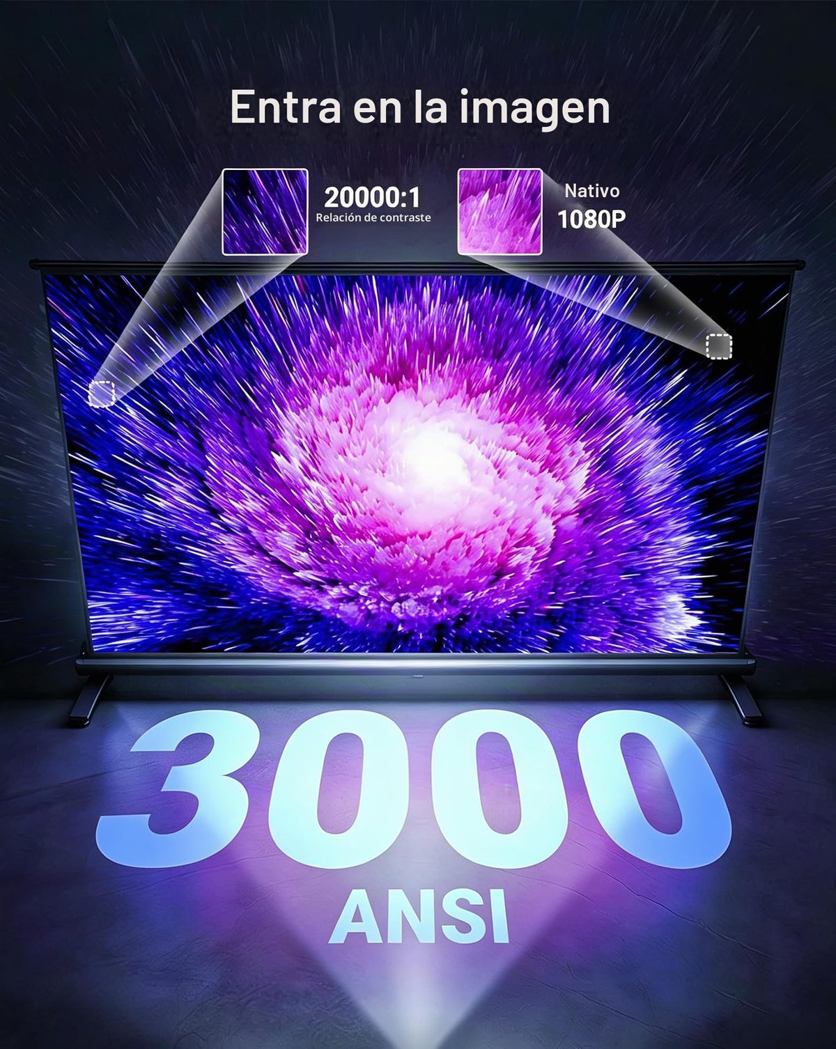 Proyector Inteligente 4K WiFi Bluetooth 3000ANSI con Aplicaciones Incorporadas y Tapa de Lente Automática para Películas en Exteriores