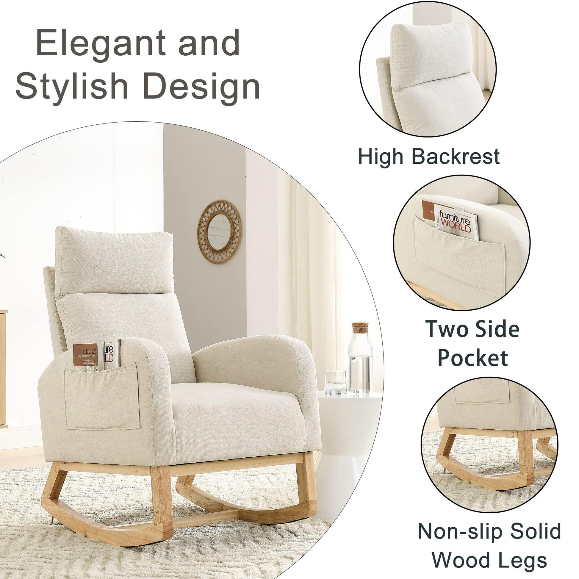 Krinana - Mecedora de guardería con patas de madera maciza, silla planeadora para guardería con dos bolsillos laterales, sillón basculante para sala de estar, recámara (beige, tela de lino)