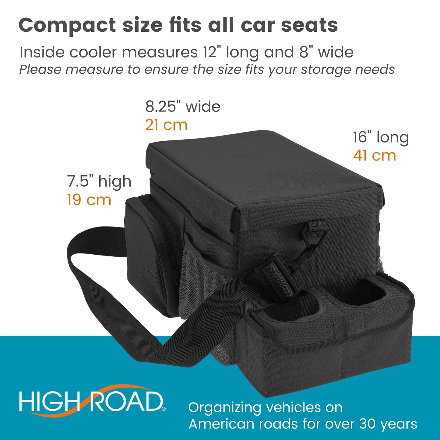 High Road CarHop Organizador de asiento de coche para el asiento delantero o trasero para niños y adultos con bandeja para portavasos y bolsillos laterales y compartimento para enfriador