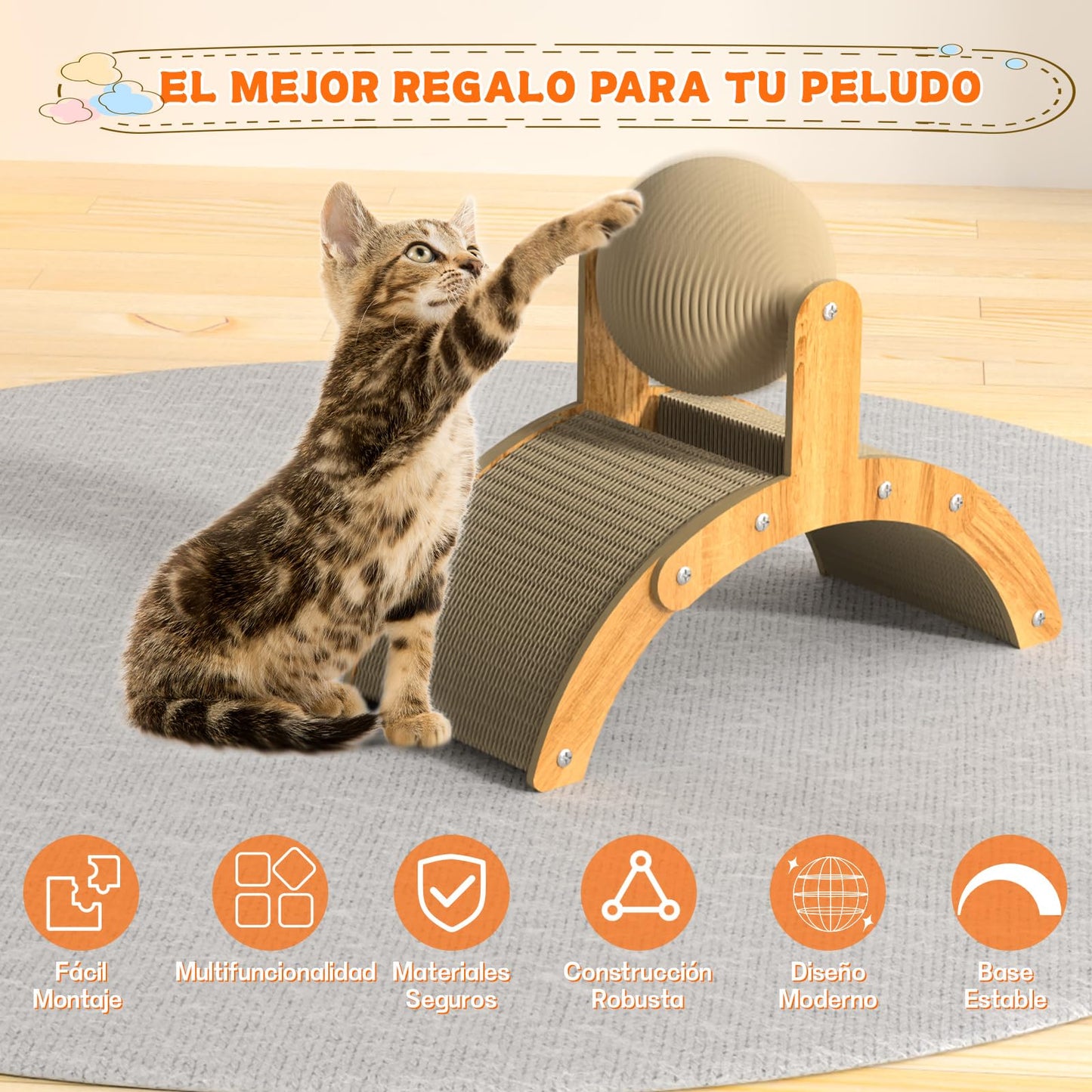Rascador Kokila beige con Pelota de Sisal de 12cm para Gatos Pequeños y Conejos