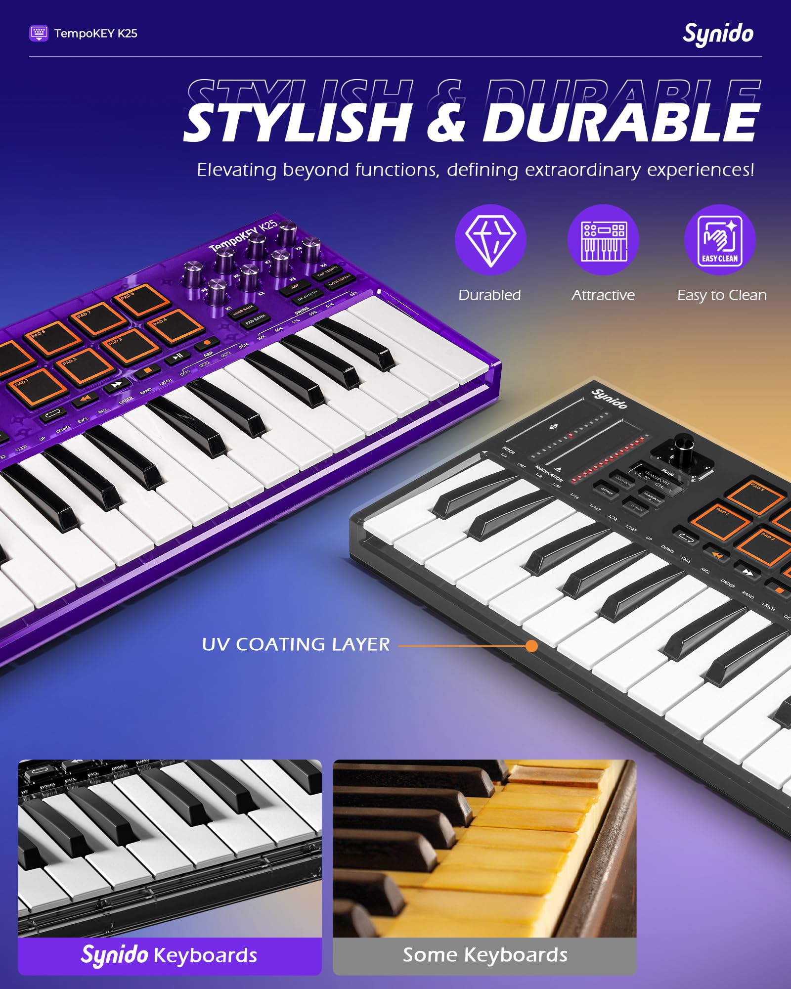 Teclado MIDI USB Synido Negro con Visualización OLED y Almohadillas de Tambor para Producción de Música