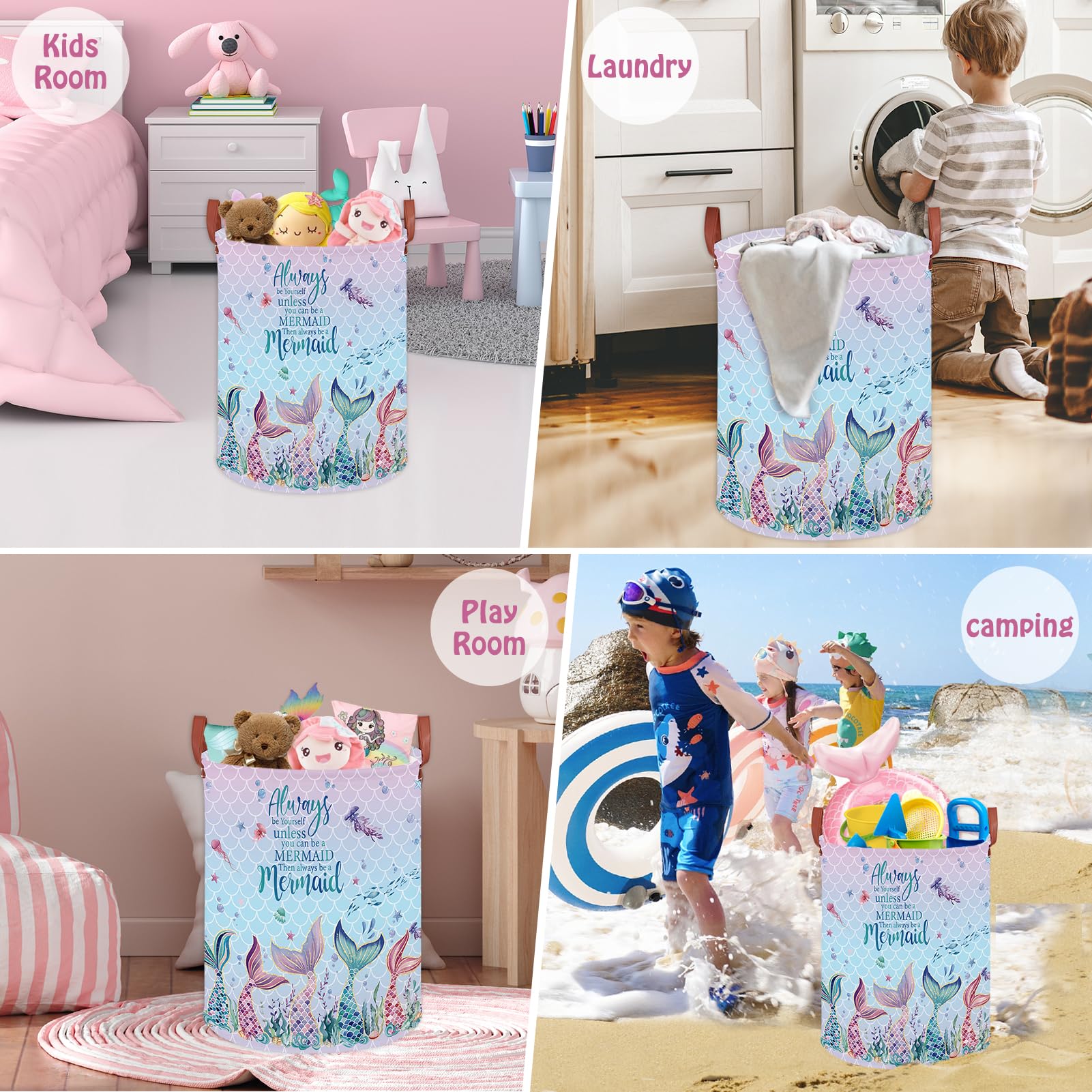 Cesta de lavandería para niños con diseño de sirena, cesta de lavandería para bebés y niñas, con diseño de océano rosa, caja de almacenamiento para ropa bajo el mar, bonita toalla de playa para