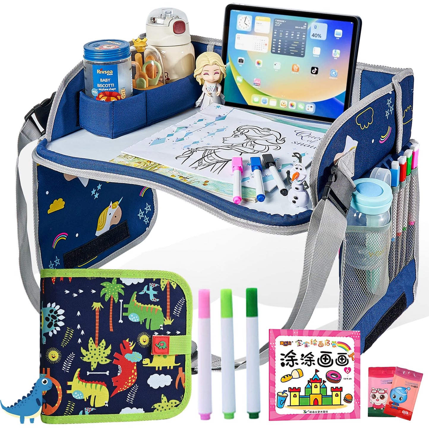 TDVCVZSD Mesa de actividades de viaje para niños,bandeja para asiento automóvil,con kit de pintura y bolsa almacenamiento,plegable y con almacenamiento,imprescindible para viajar automóviles y aviones (Pegaso + Dragón Azul)