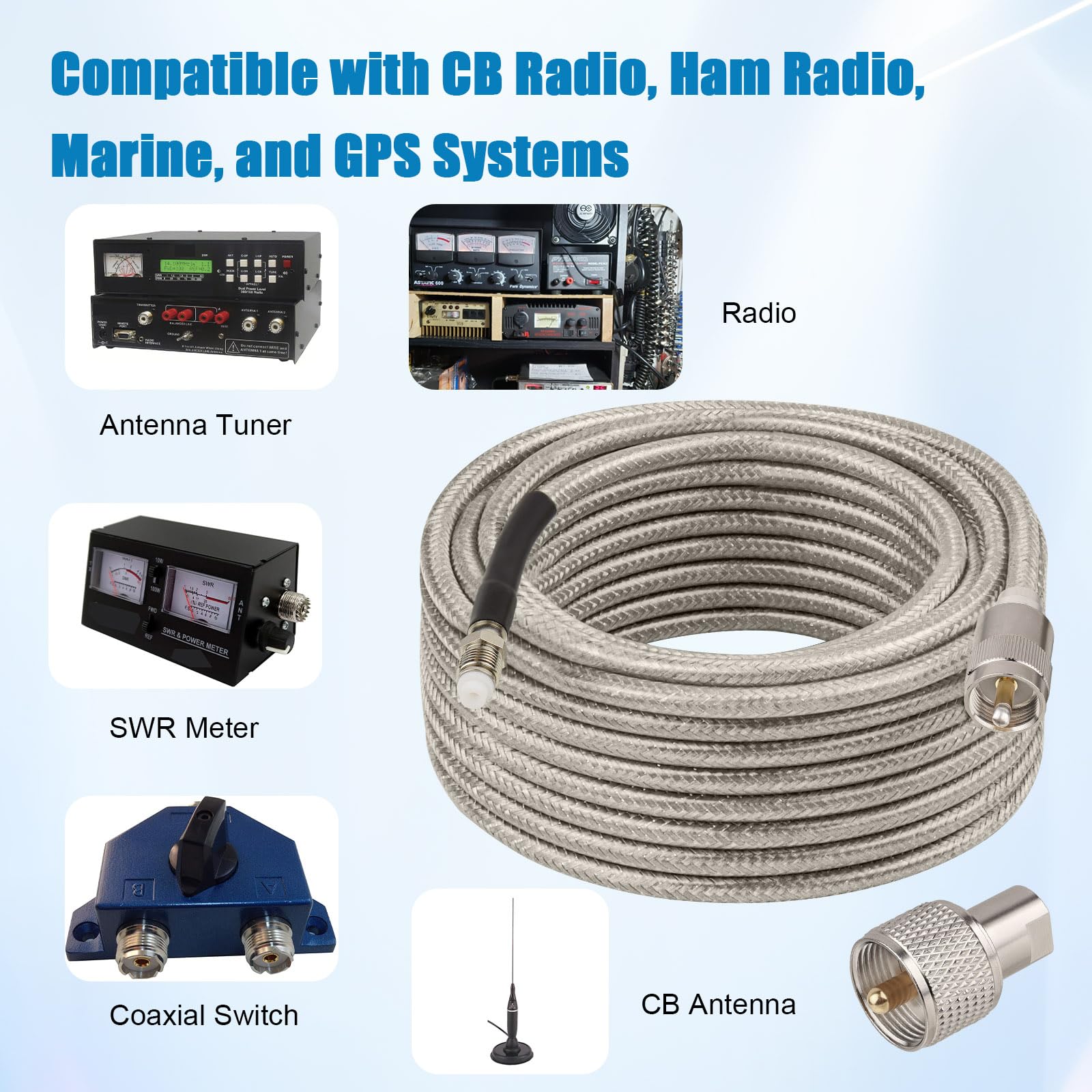 Cable coaxial CB de 8 pies, RG8X FME hembra a UHF PL-259 macho con adaptador FME macho a PL-259, cable coaxial RF de baja pérdida para antena, radio CB, radio jamón, marina, móvil y sistemas GPS