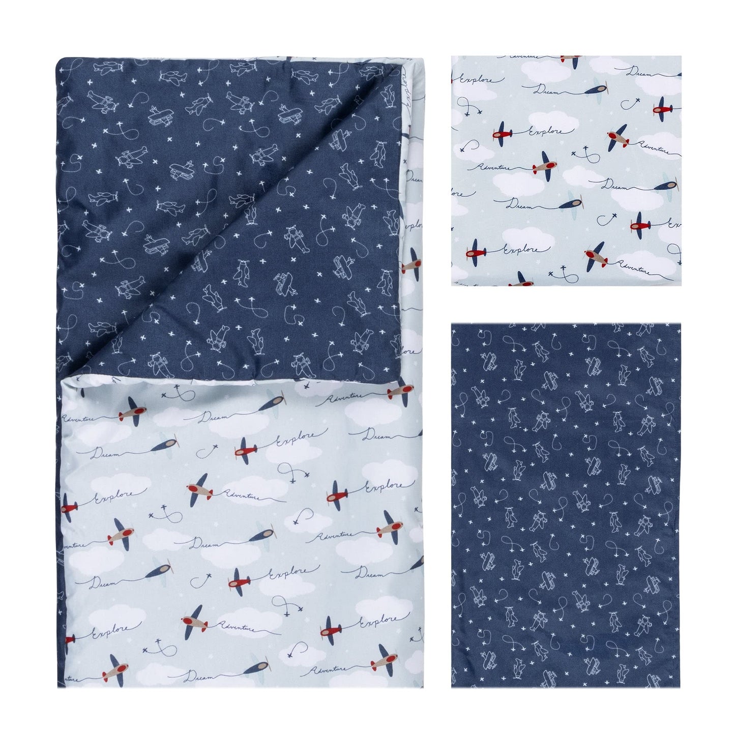 Sammy & Lou Adventure Awaits Air Traveler - Juego de Ropa de Cama Transpirable de 3 Piezas, Incluye edredón, sábana Bajera Ajustable para Cuna y Falda para Cuna