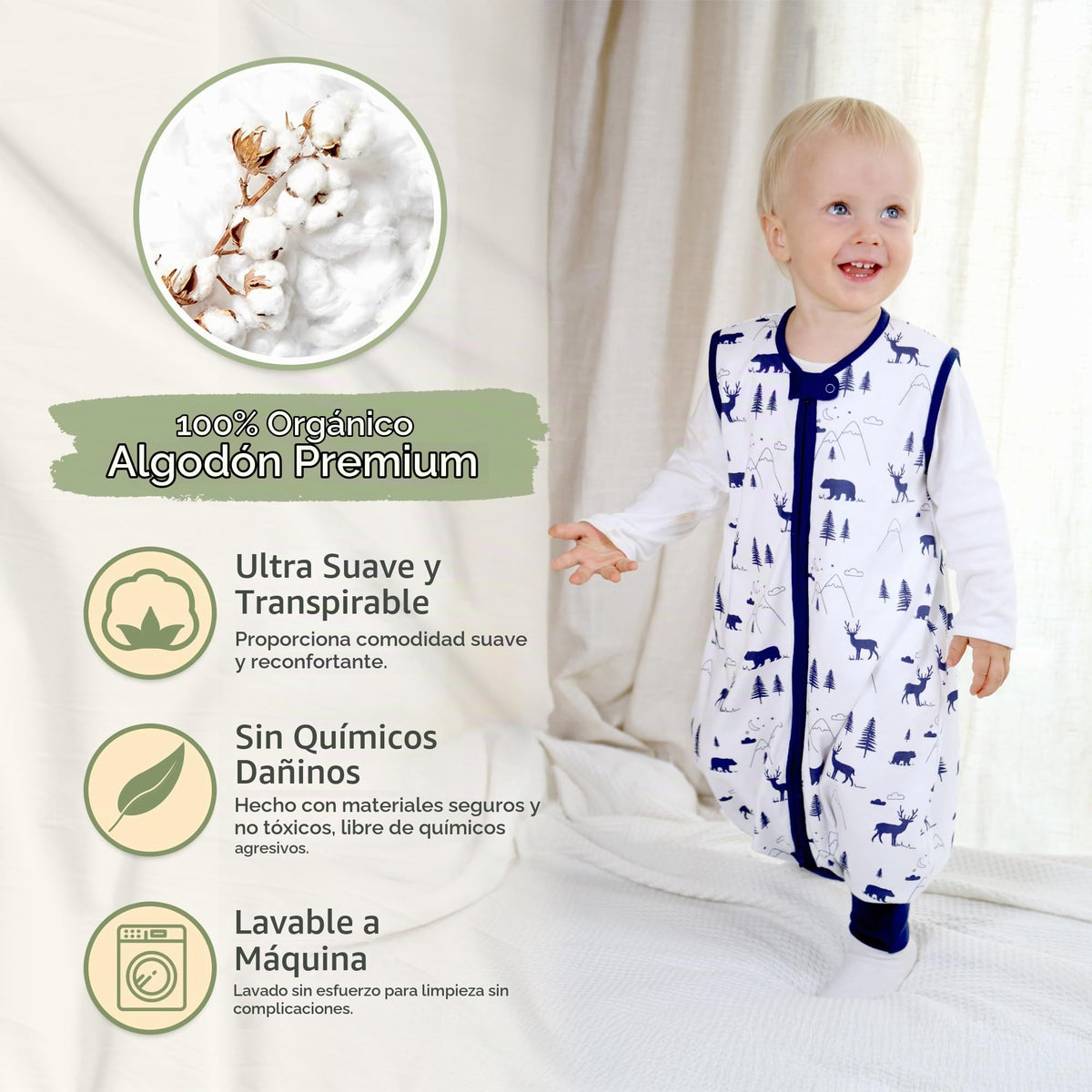 Mama Cheetah Saco de dormir para bebé con pies, 0,5 tog, saco de dormir de verano, algodón orgánico, sin mangas, saco de dormir para bebé, con perneras, para bebés, niños y niñas, 80 cm (altura del